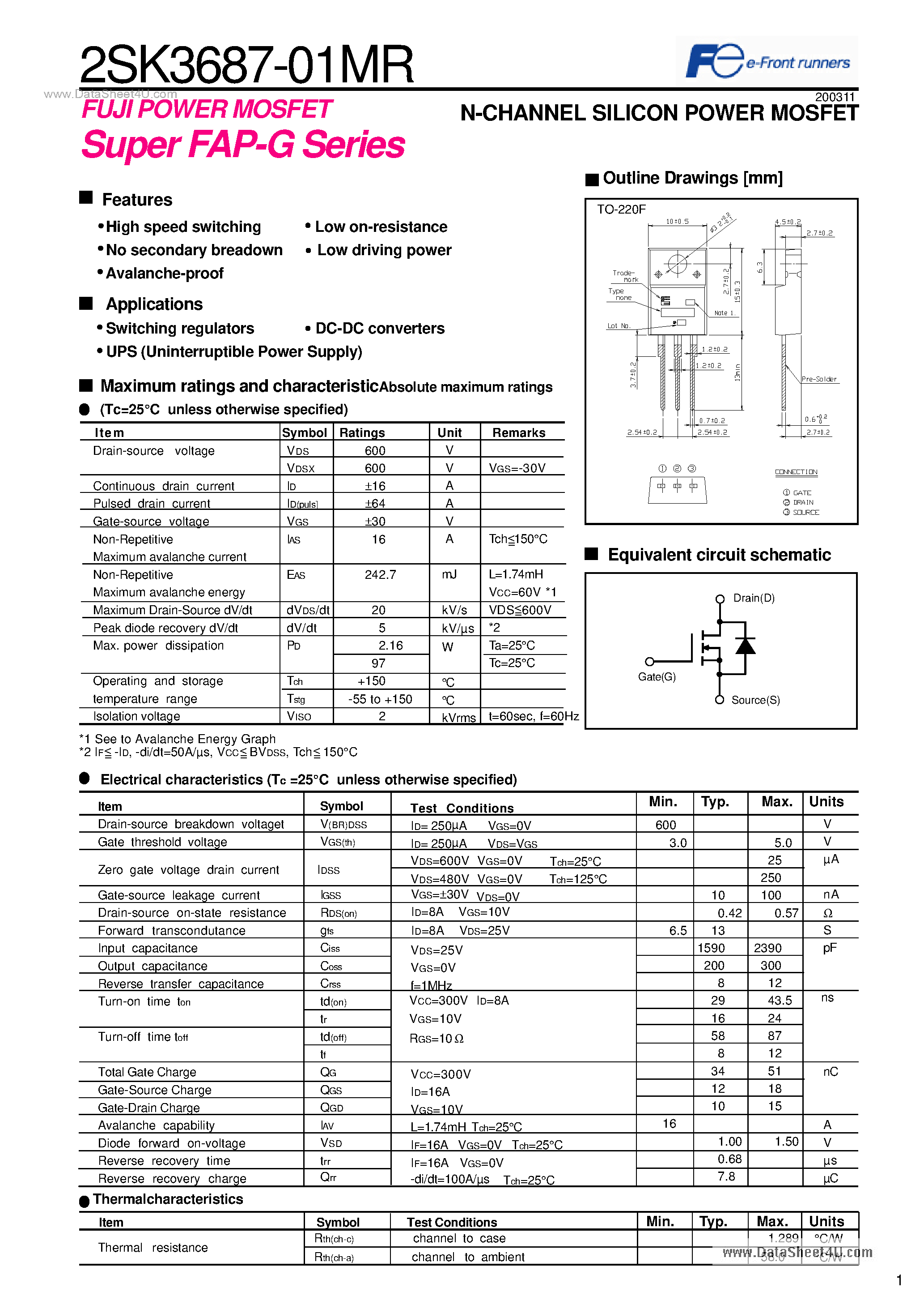 Даташит 2SK3687-01MR - N-CHANNEL SILICON POWER MOSFET Super FAP-G Series страница 1