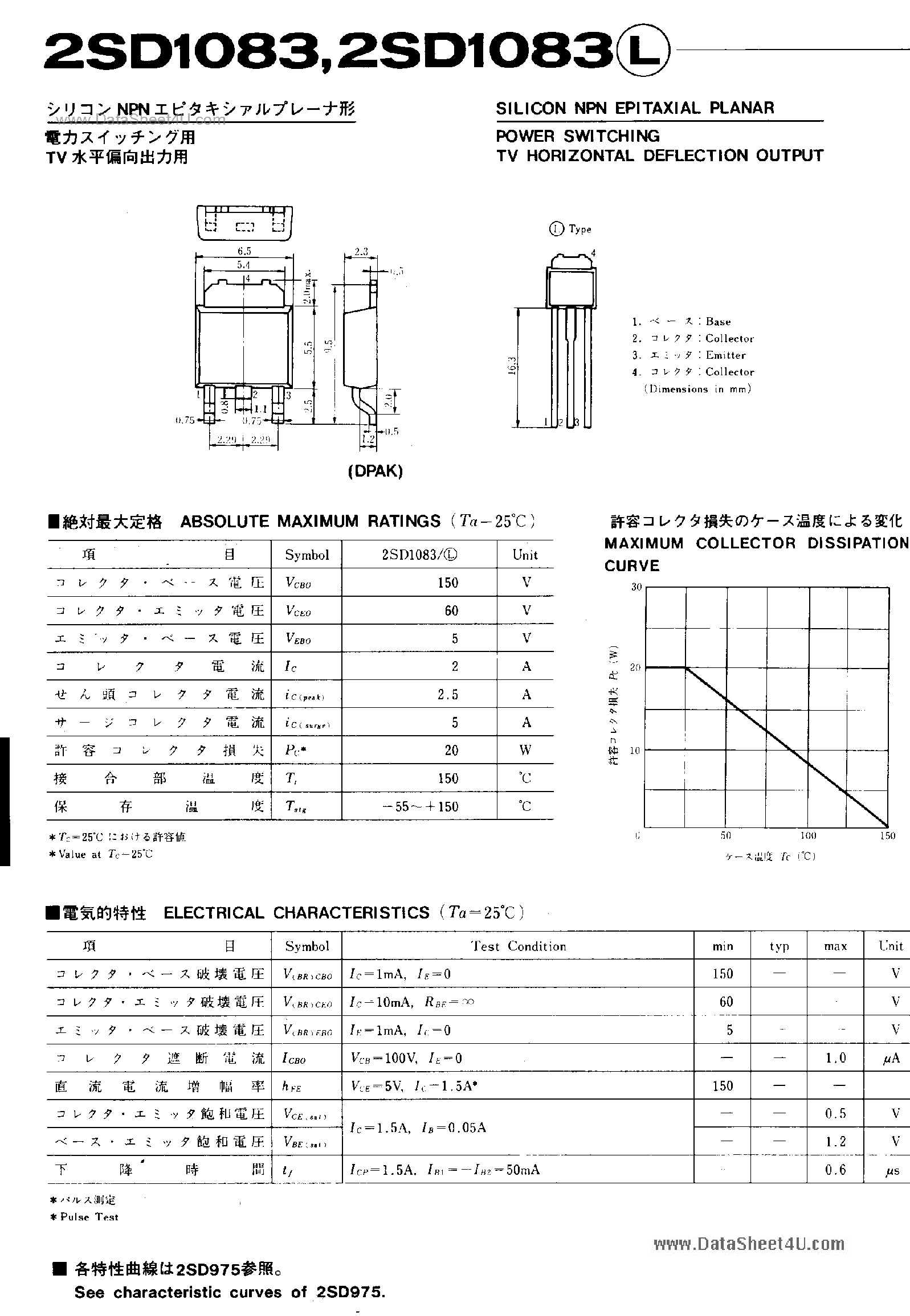 Datasheet 2SD1083 - SILICON NPN EPITAXIAL PLANAR POWER SWITCHING TV HORIZONTAL DEFLECTION OUTPUT page 1