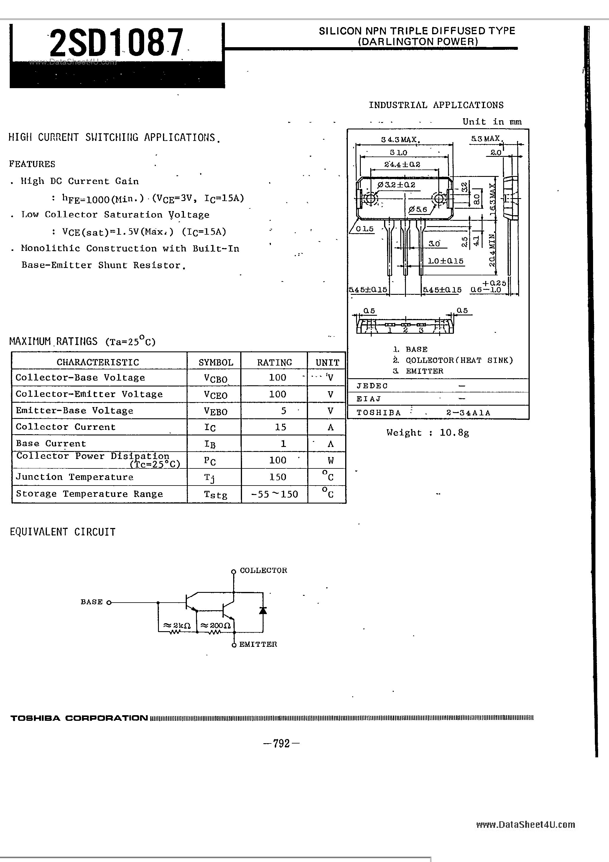 Datasheet 2SD1087 - Silicon NPN Triple Diffused Darlington Power Transistor page 1