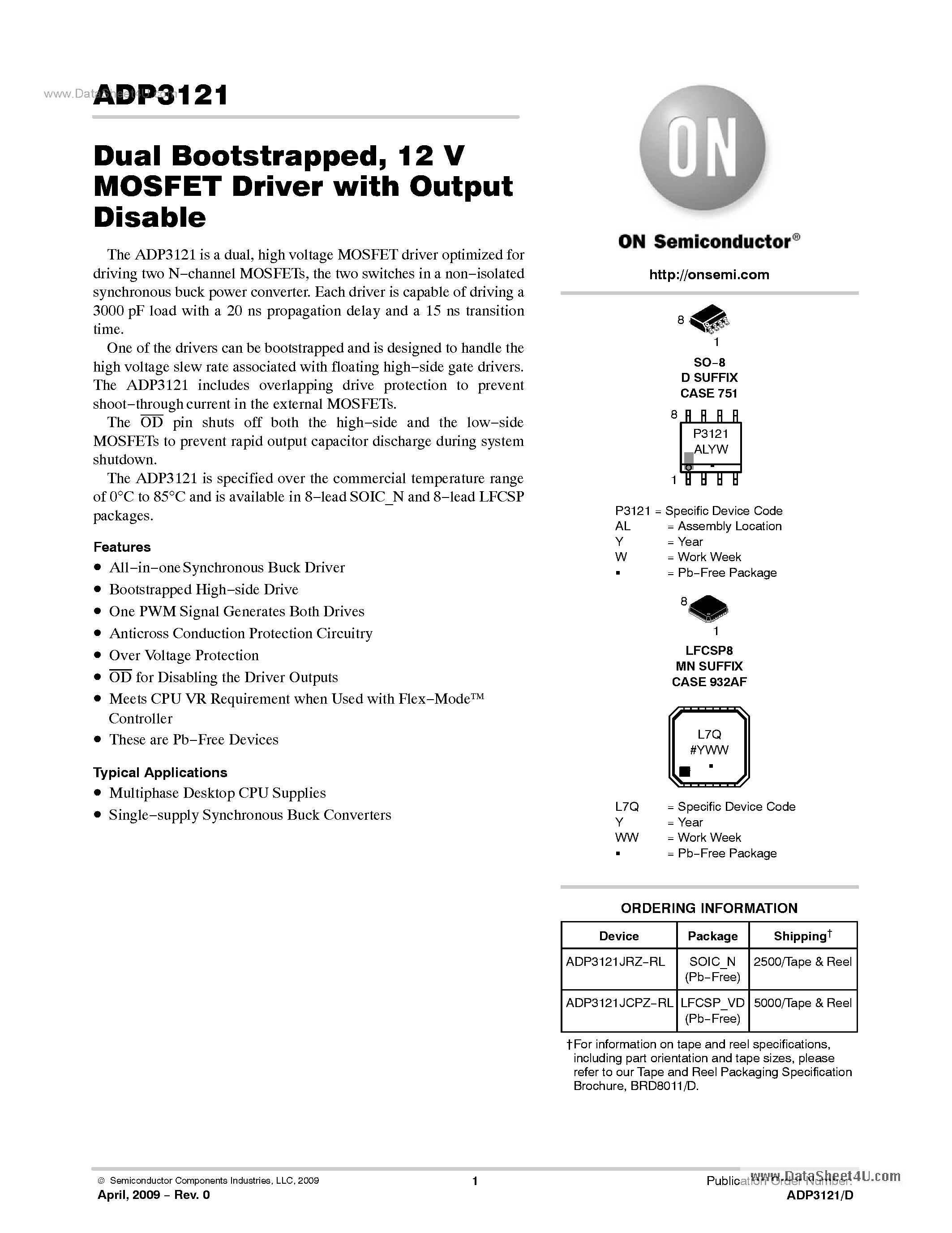 Даташит ADP3121 - 12V MOSFET Driver страница 1