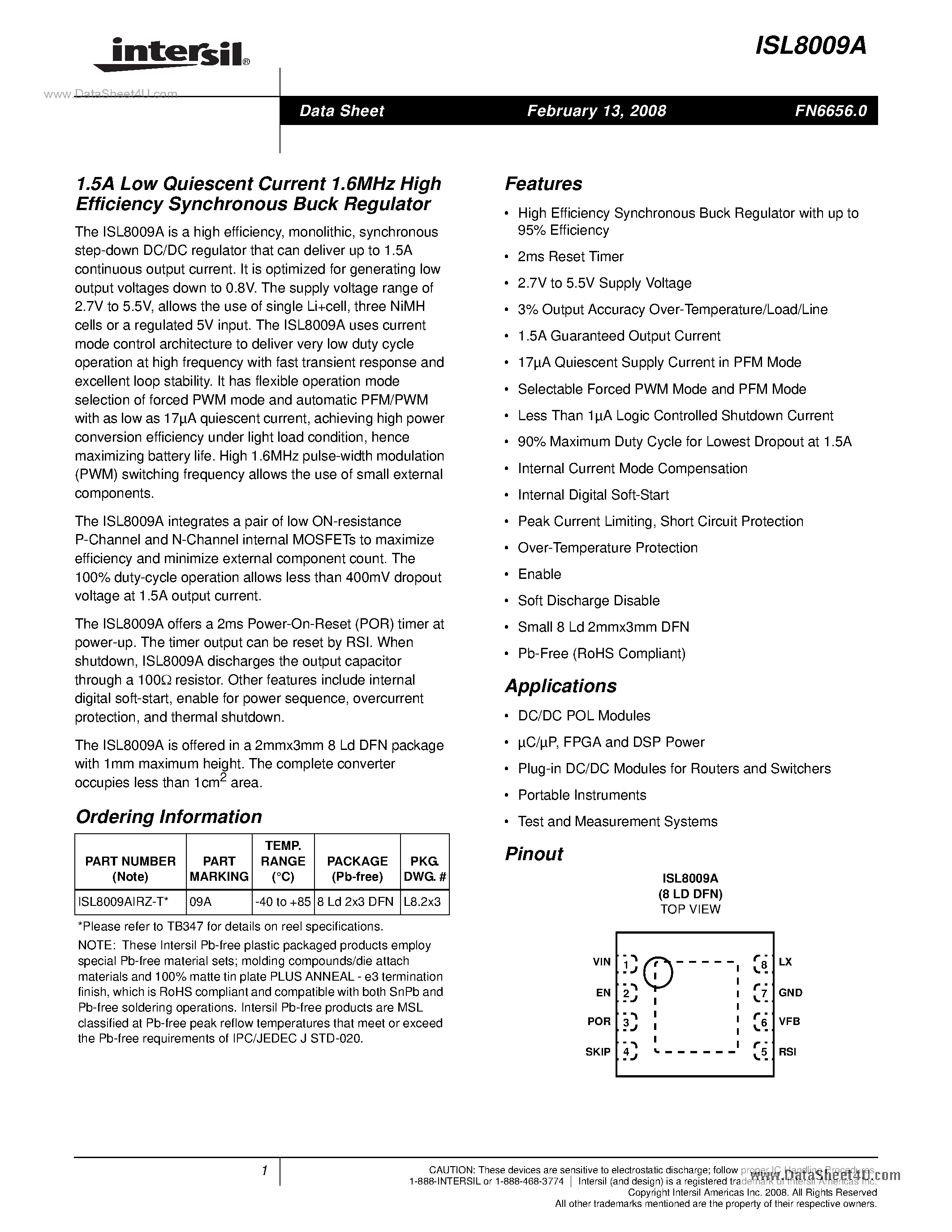 Datasheet ISL8009A - 1.5A Low Quiescent Current 1.6MHz High Efficiency Synchronous Buck Regulator page 1