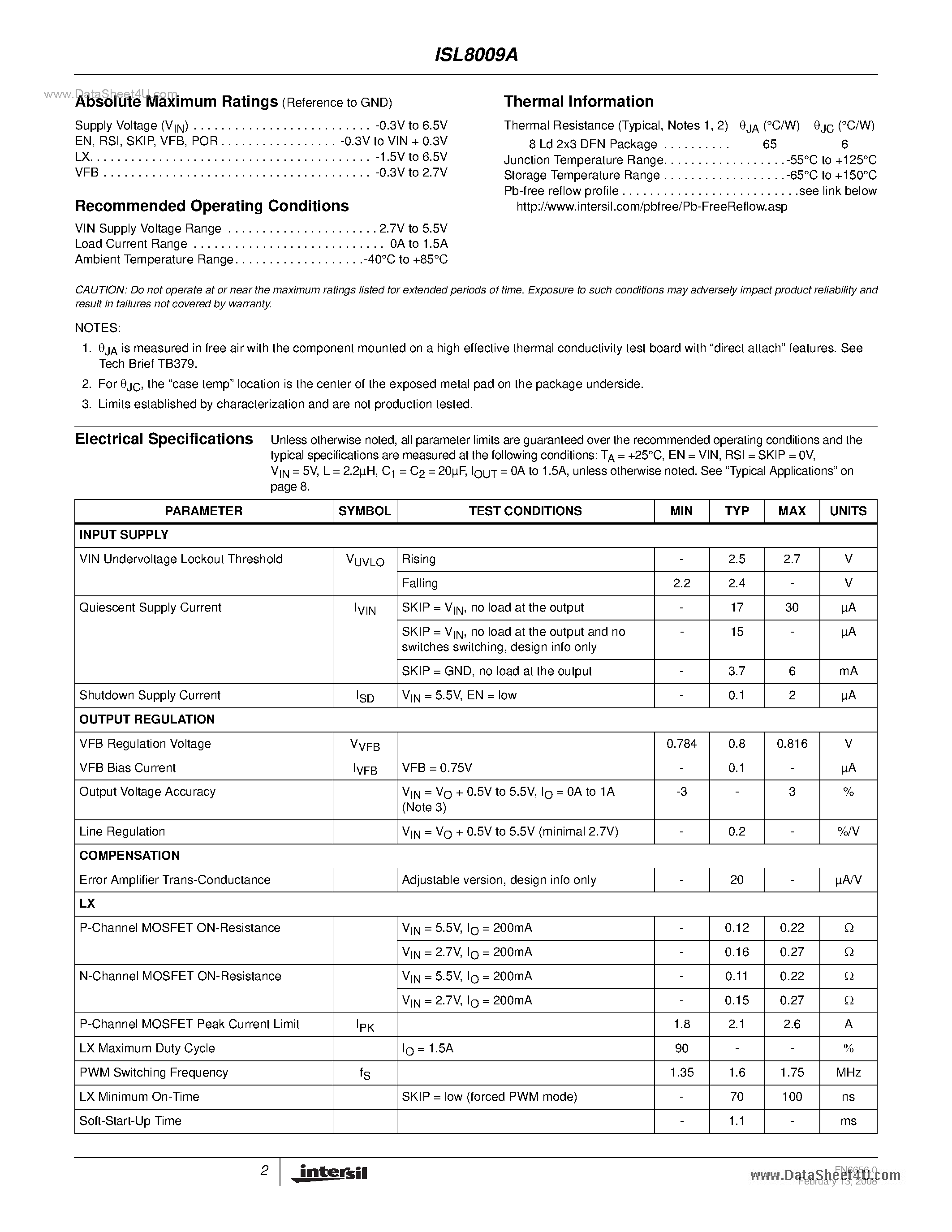 Datasheet ISL8009A - 1.5A Low Quiescent Current 1.6MHz High Efficiency Synchronous Buck Regulator page 2