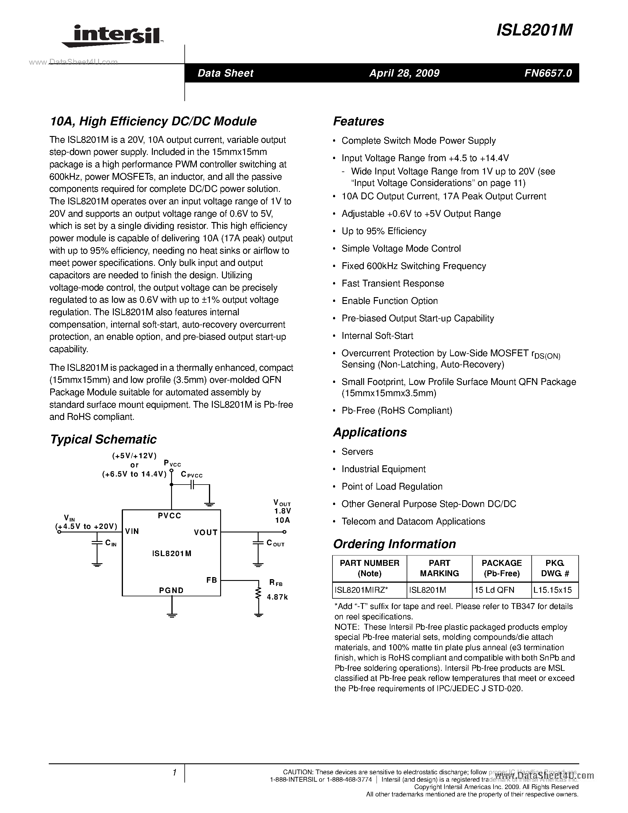 Datasheet ISL8201M - High Efficiency DC/DC Module page 1