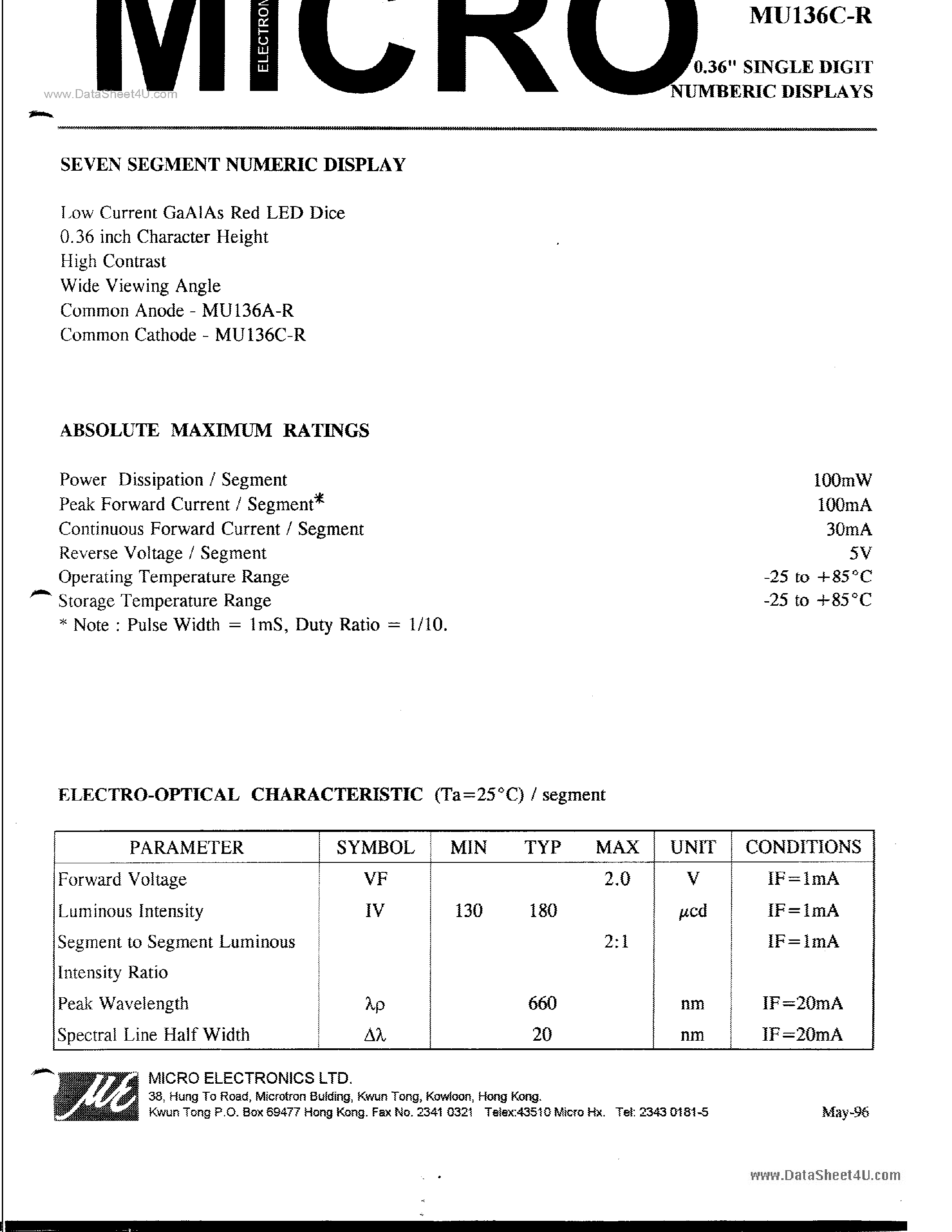 Datasheet MU136A-R - 0.36 SINGLE DGIT NUMBERIC DISPLAYS page 1