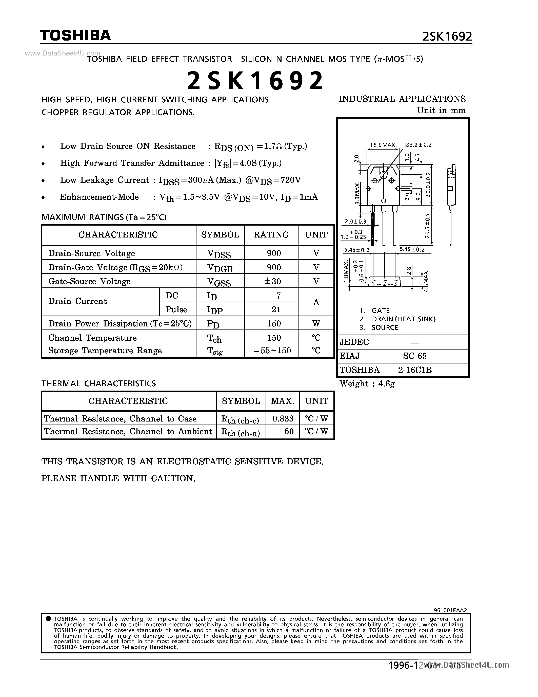 Datasheet 2SK1692 - N-Channel Enhancement MOSFET page 1