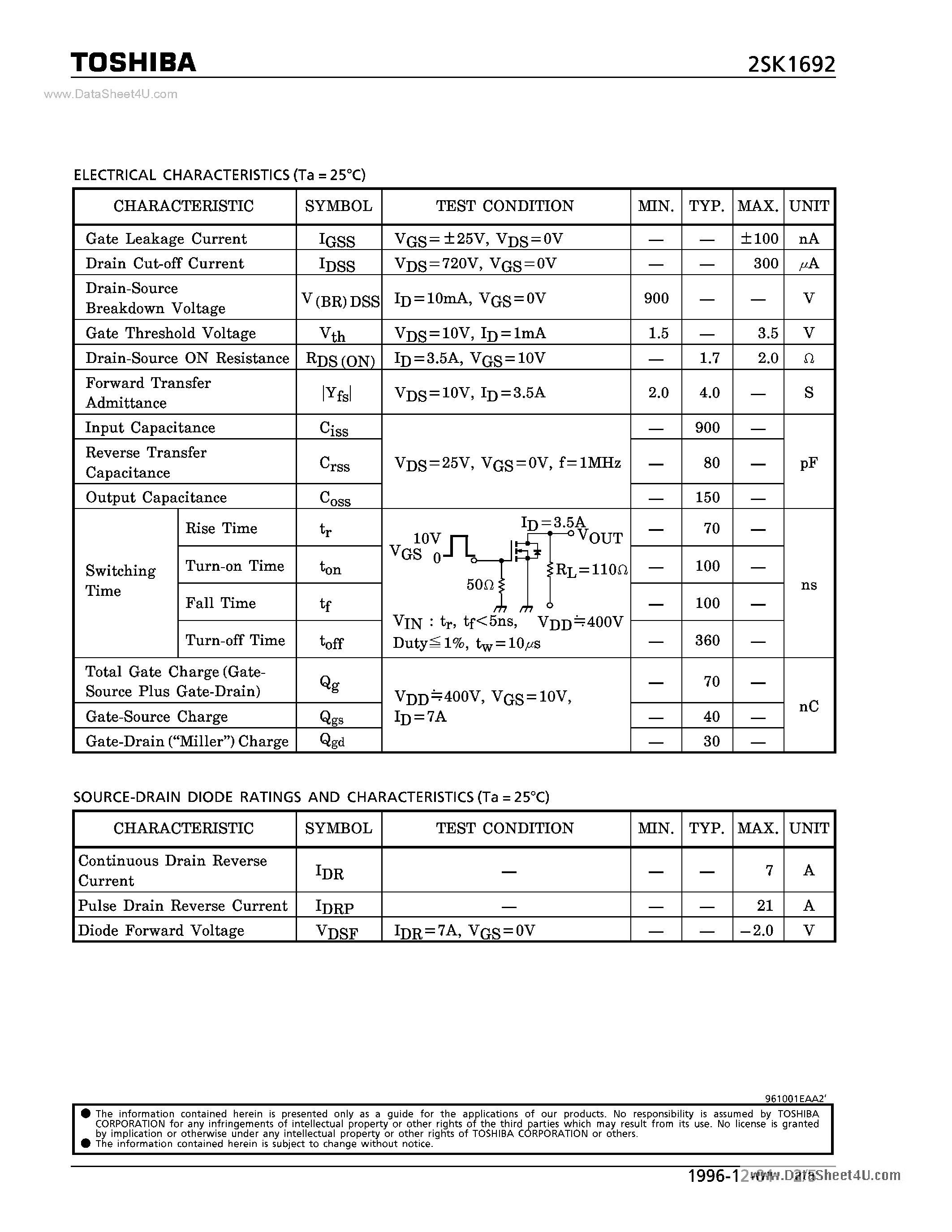 Datasheet 2SK1692 - N-Channel Enhancement MOSFET page 2