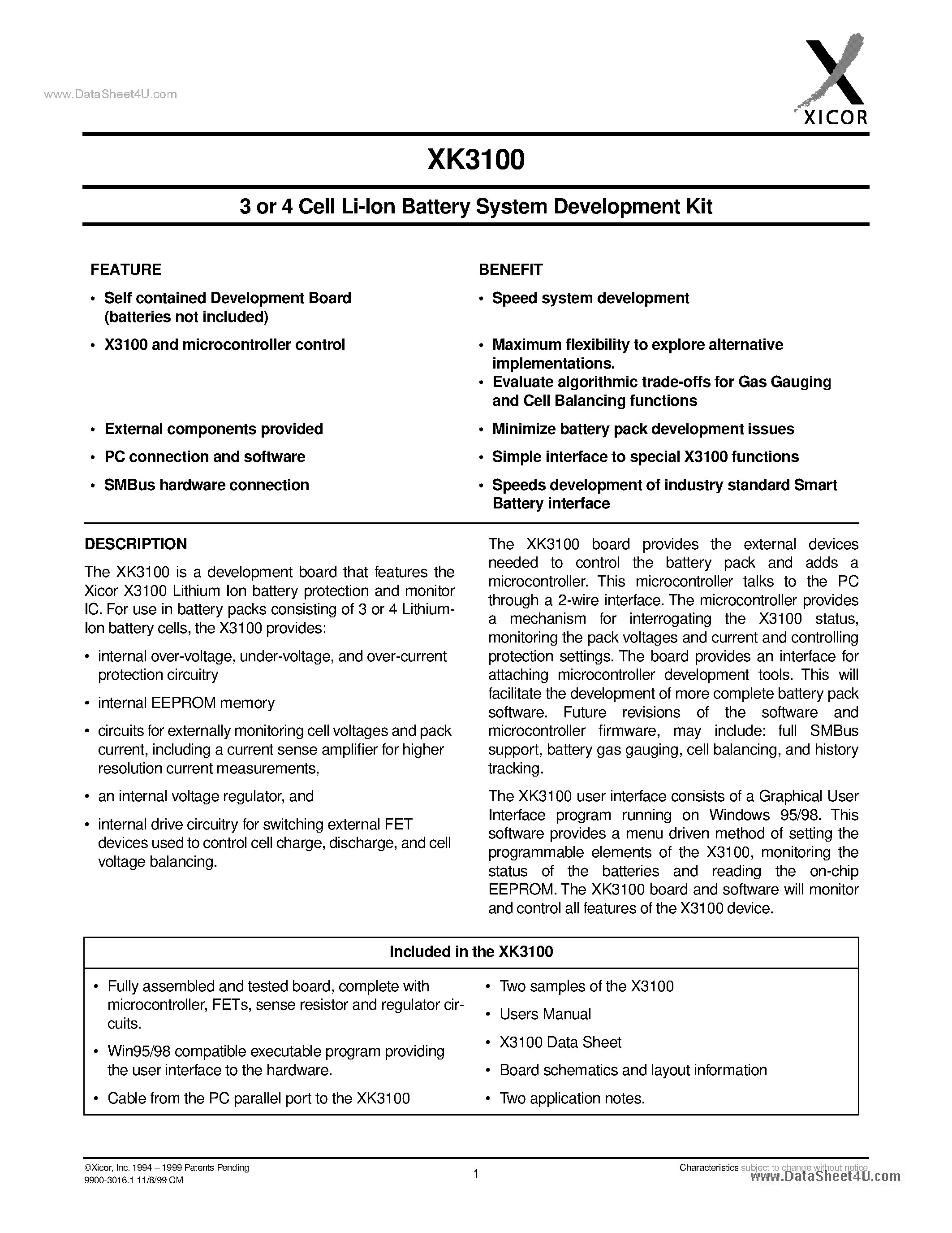 Datasheet XK3100 - 3 or 4 Cell Li-ion Battery System Development Kit page 1