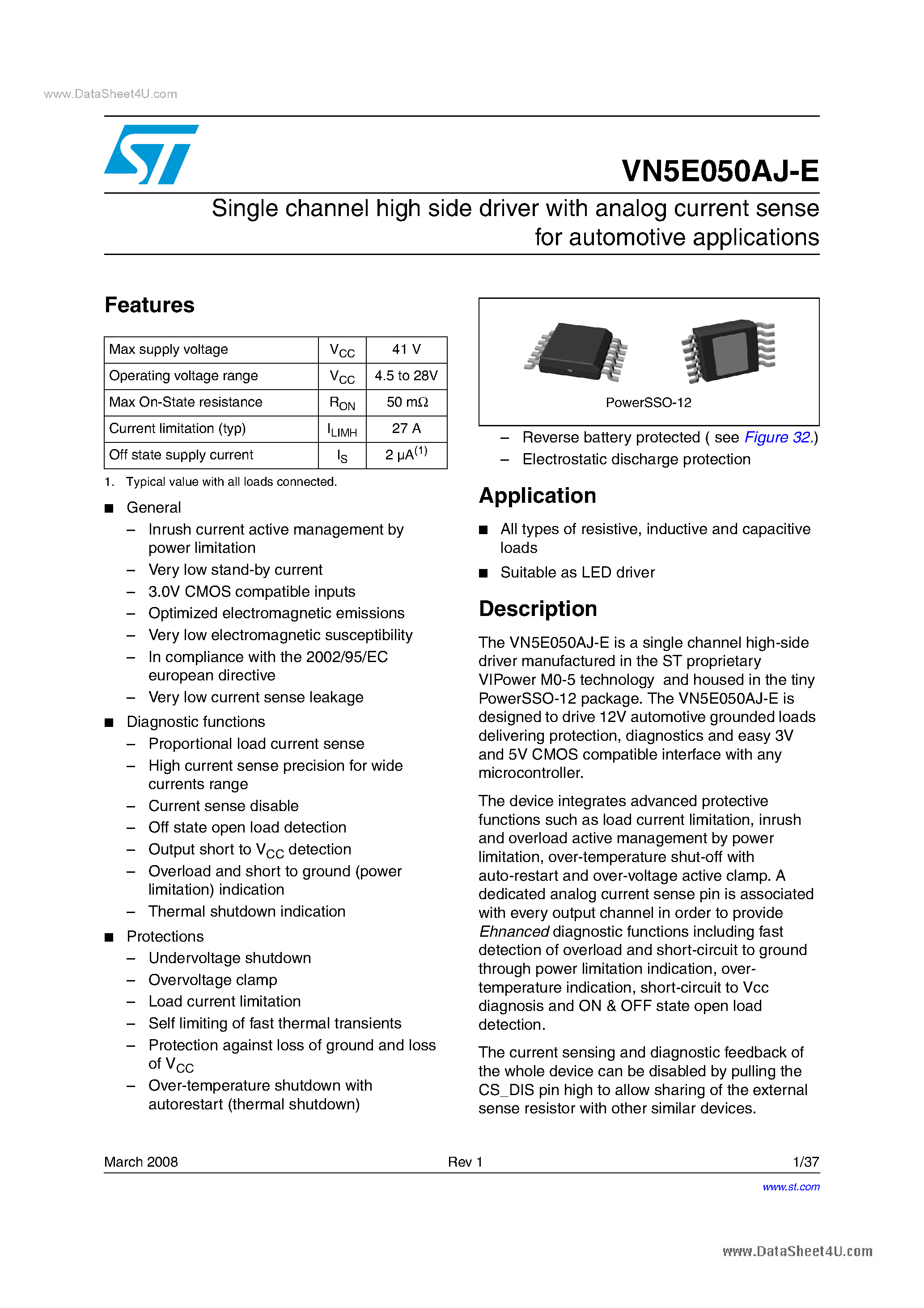 Datasheet VN5E050AJ-E - Single channel high side driver page 1