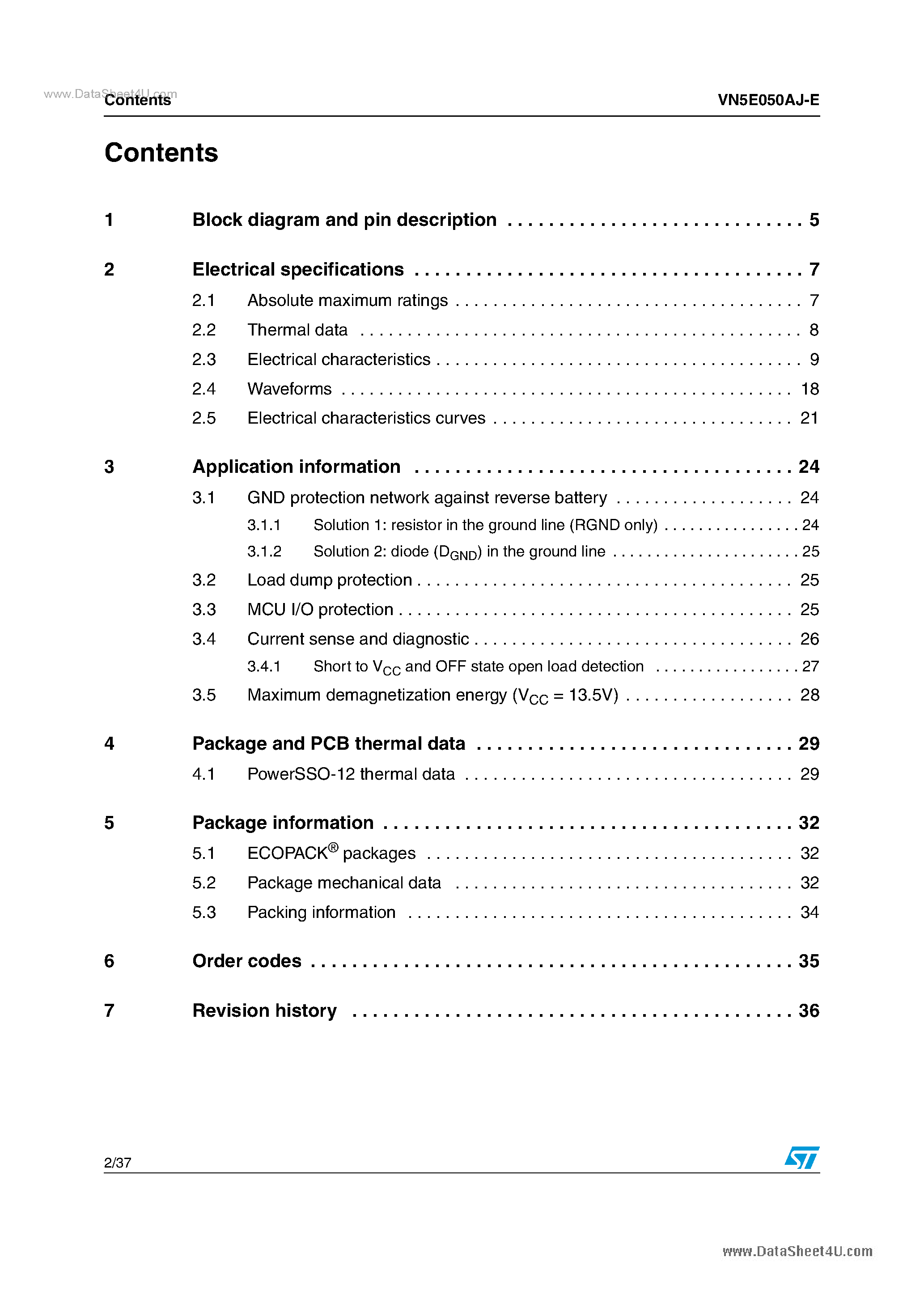 Datasheet VN5E050AJ-E - Single channel high side driver page 2