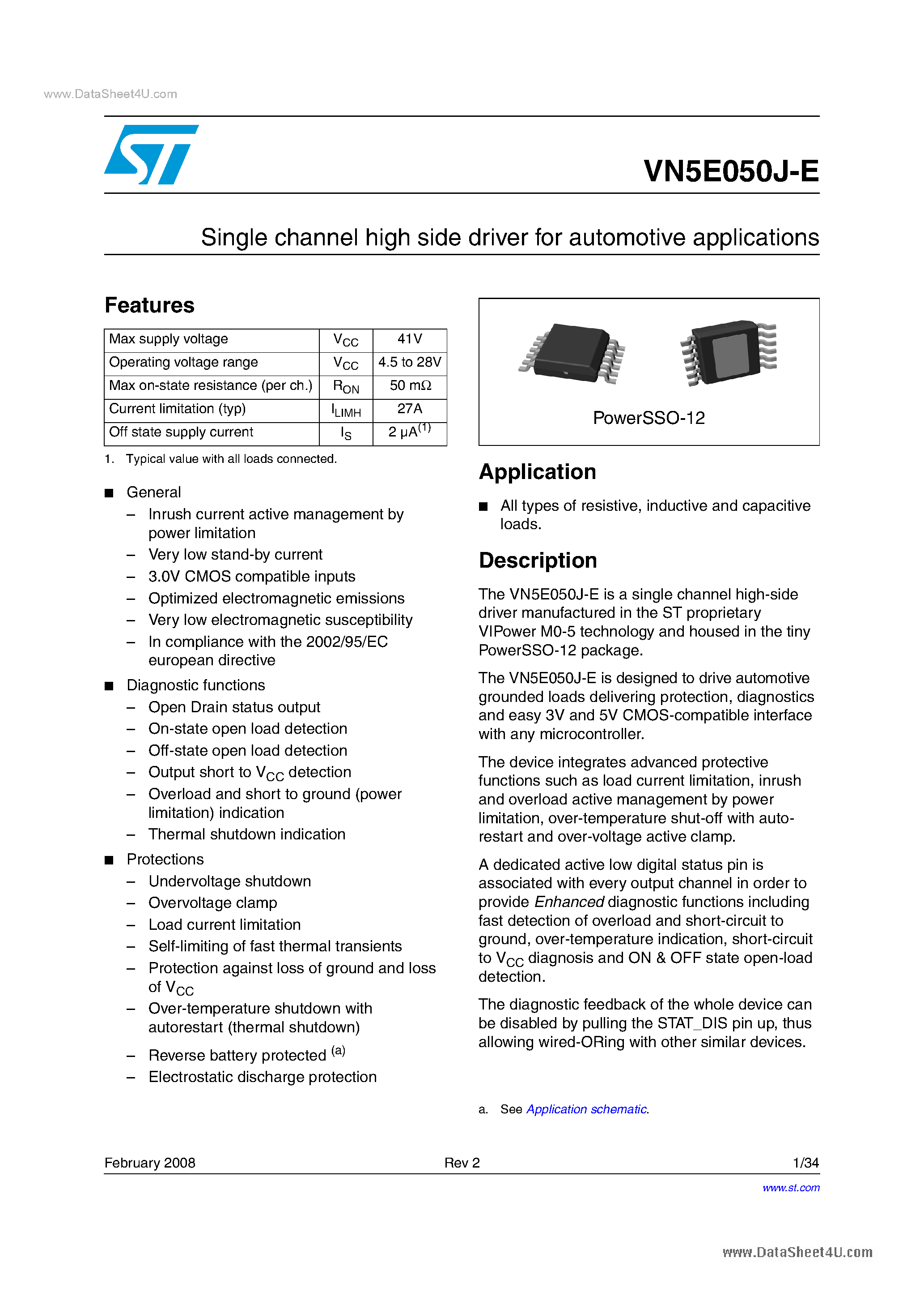 Datasheet VN5E050J-E - Single channel high side driver page 1