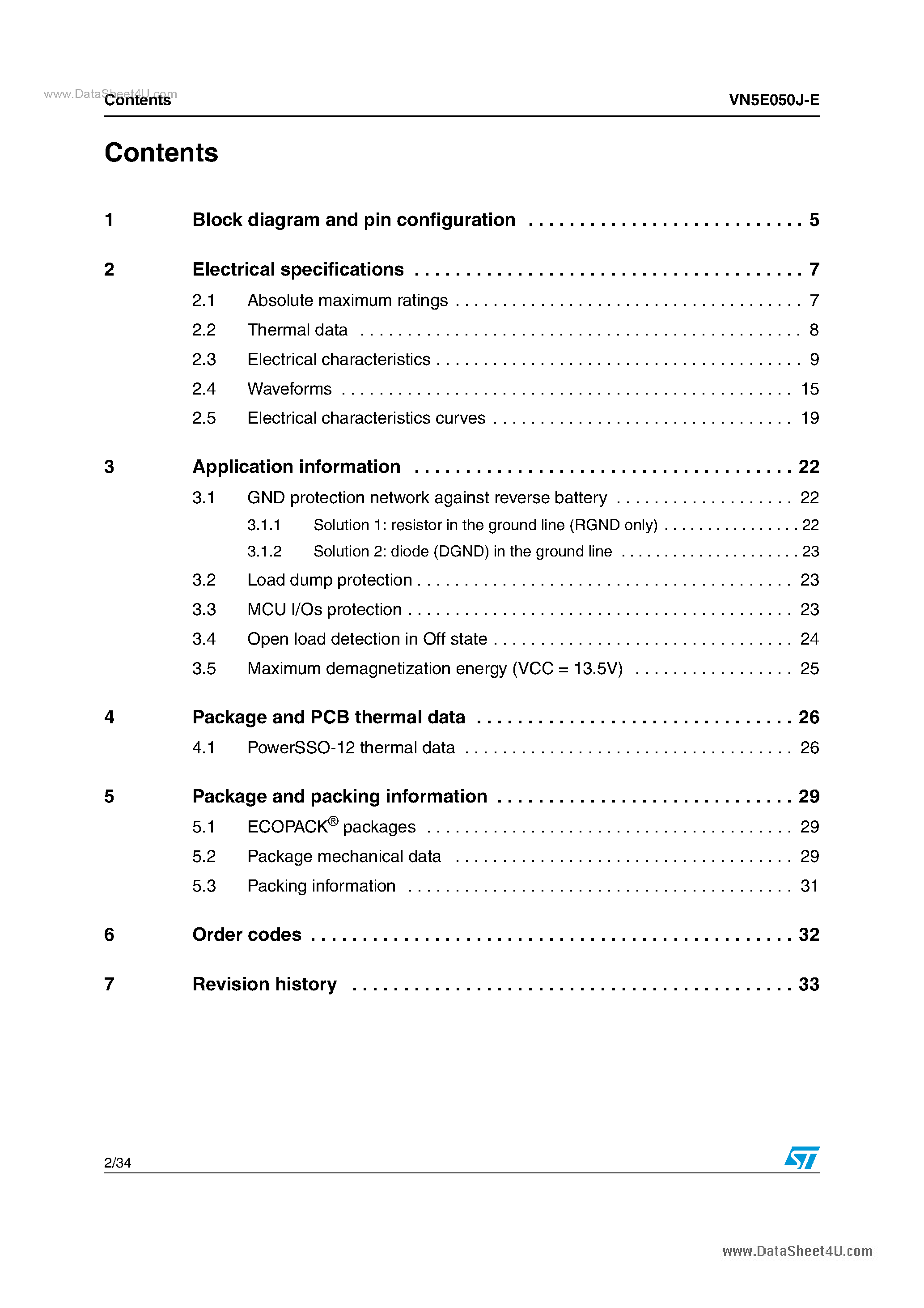 Datasheet VN5E050J-E - Single channel high side driver page 2