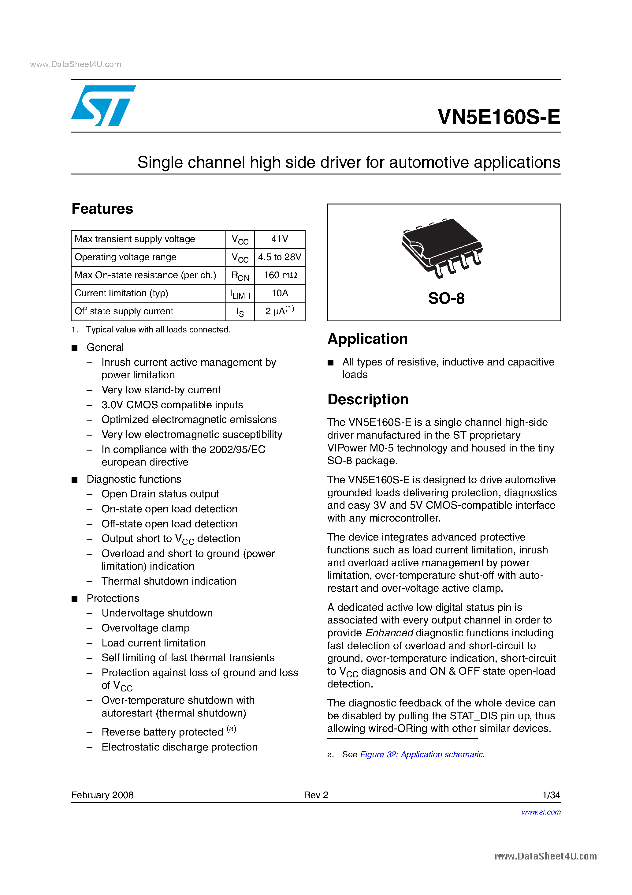 Datasheet VN5E160S-E - Single channel high side driver page 1