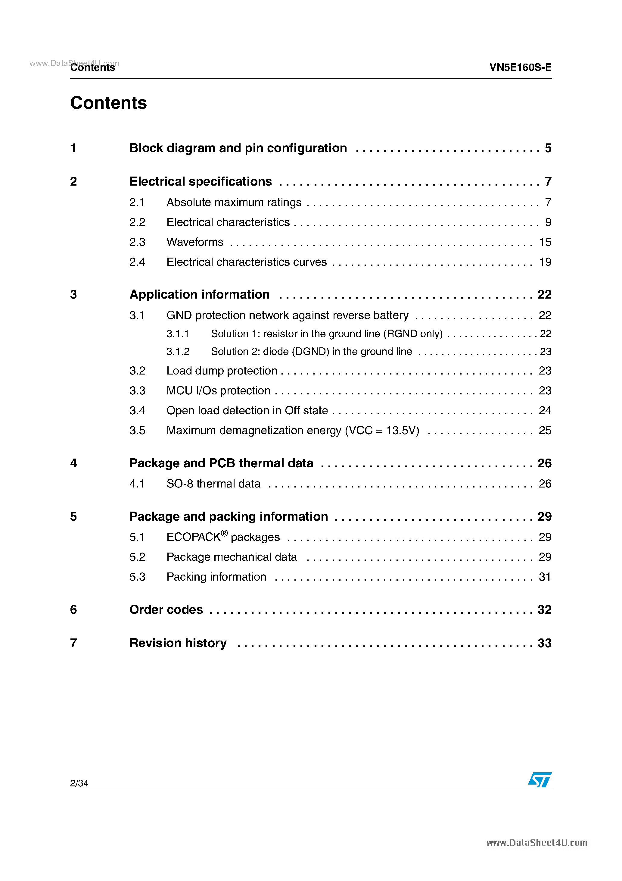 Datasheet VN5E160S-E - Single channel high side driver page 2