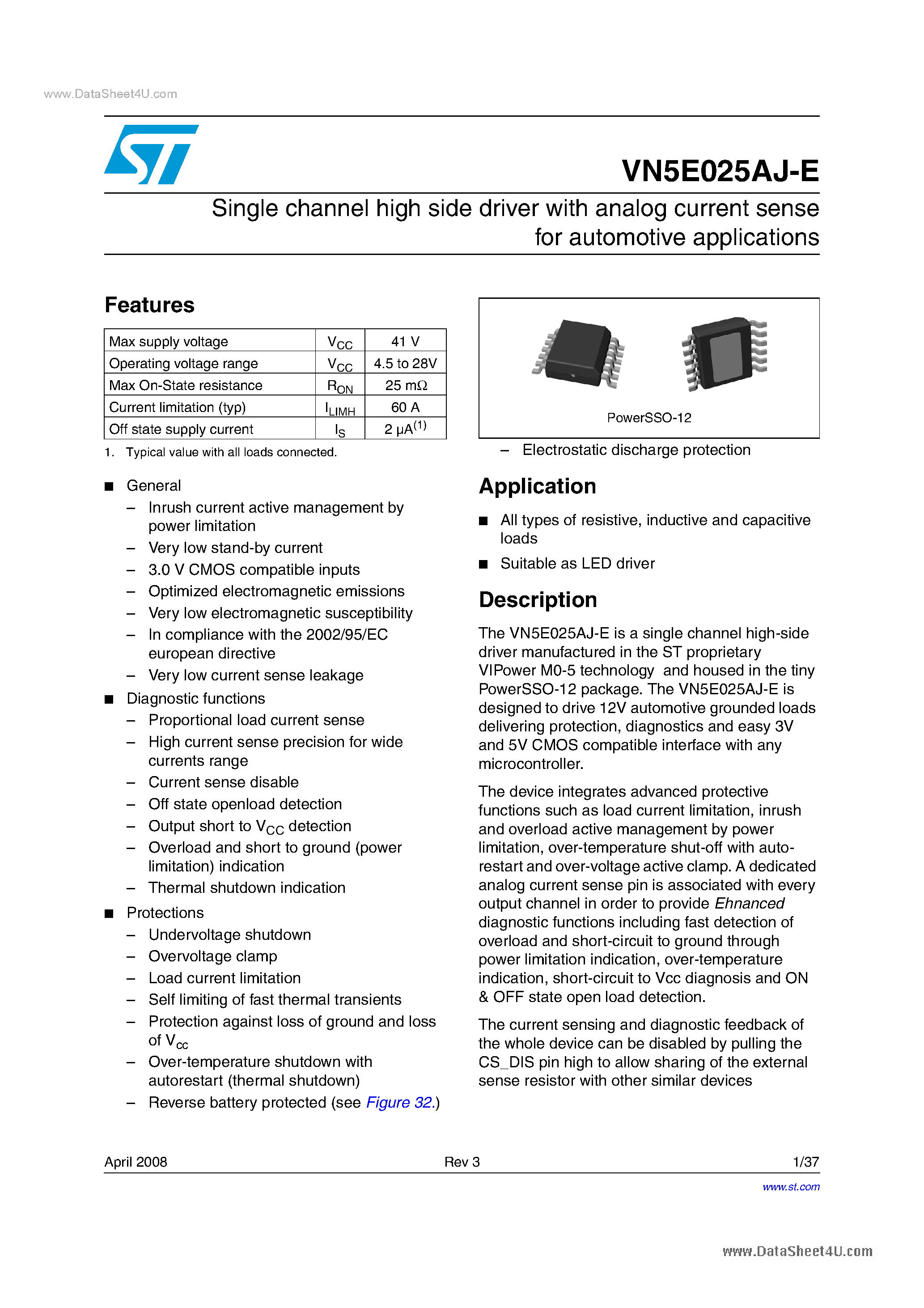 Datasheet VN5E025AJ-E - Single channel high side driver page 1