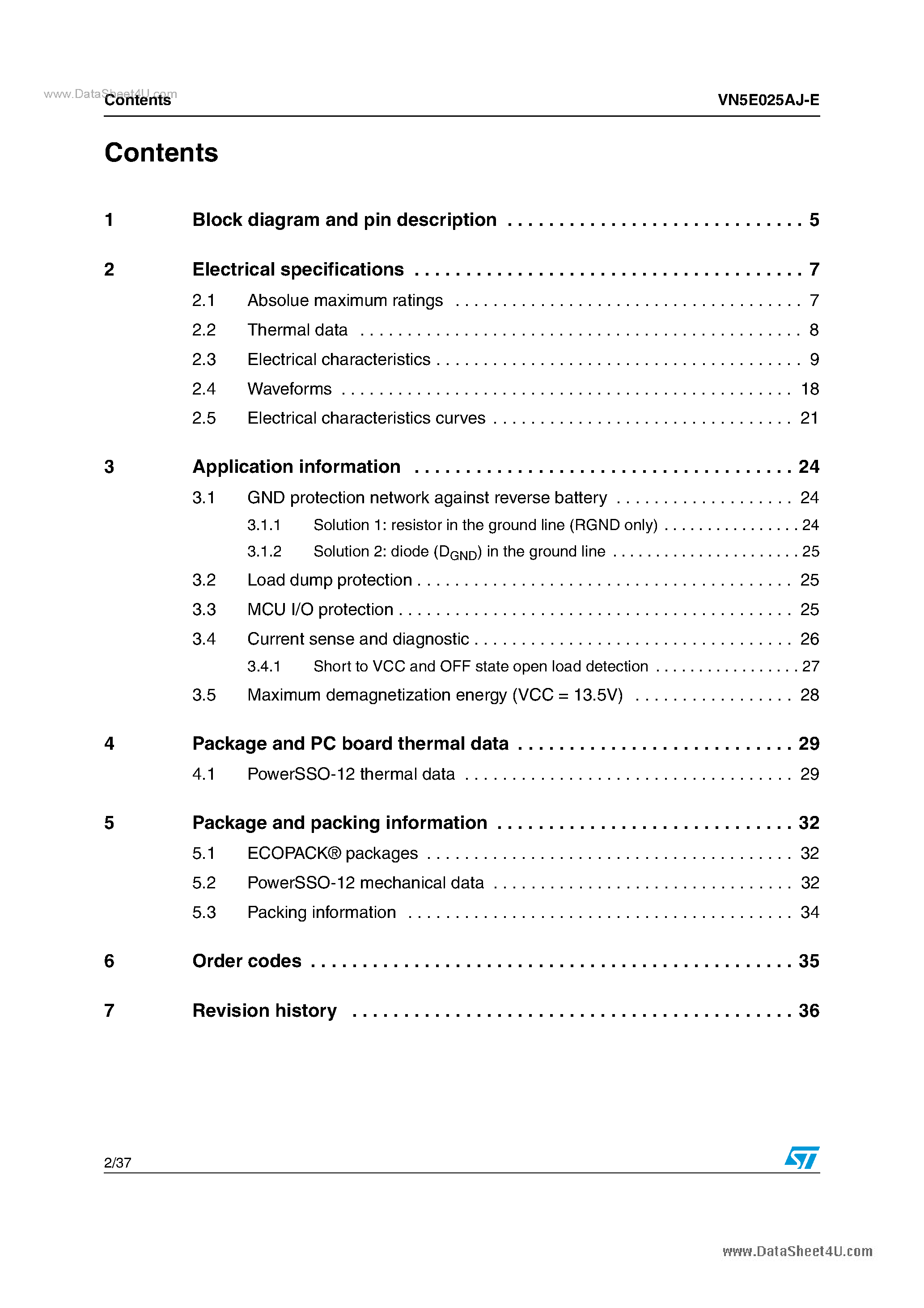 Datasheet VN5E025AJ-E - Single channel high side driver page 2