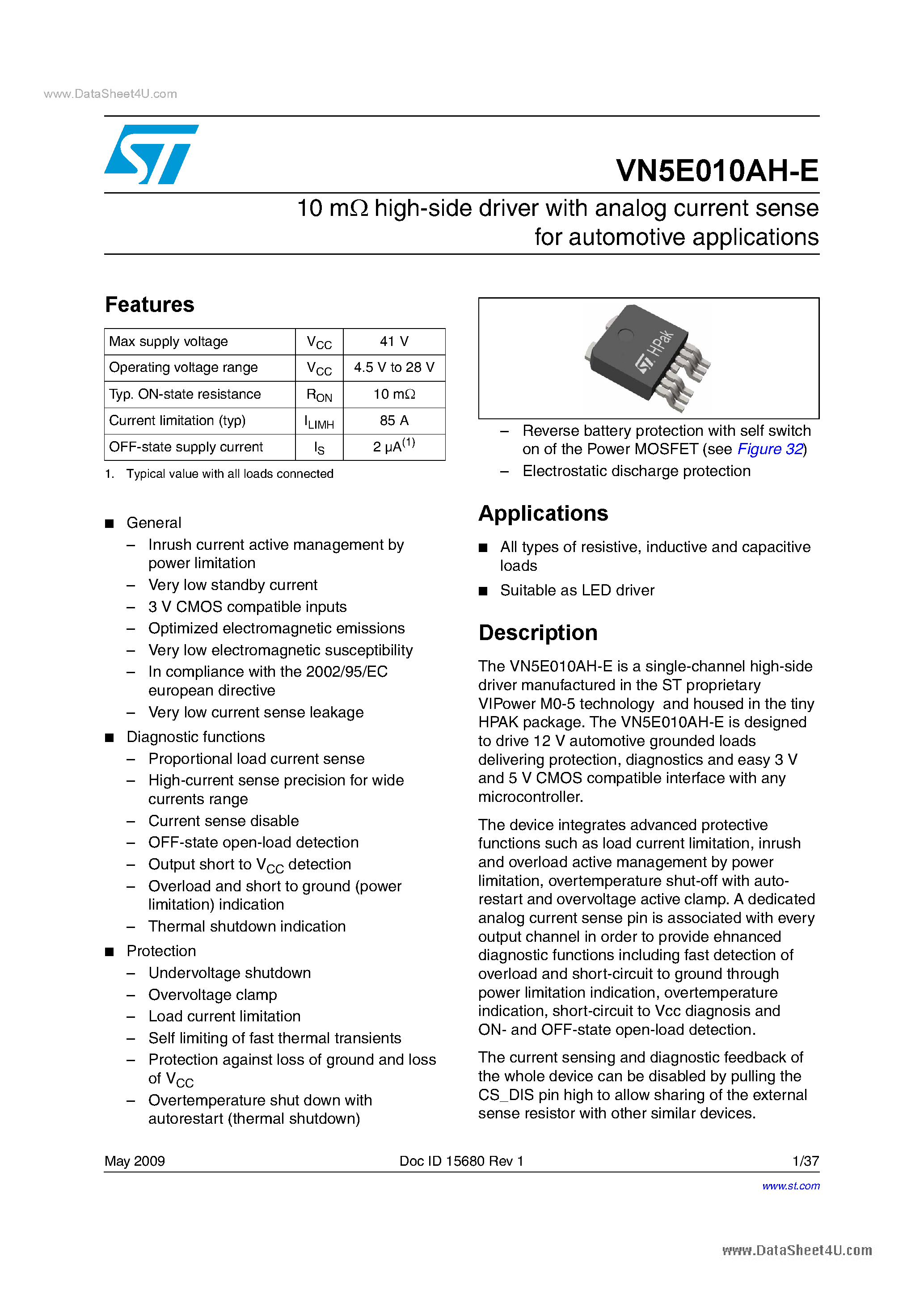 Datasheet VN5E010AH-E - high-side driver page 1