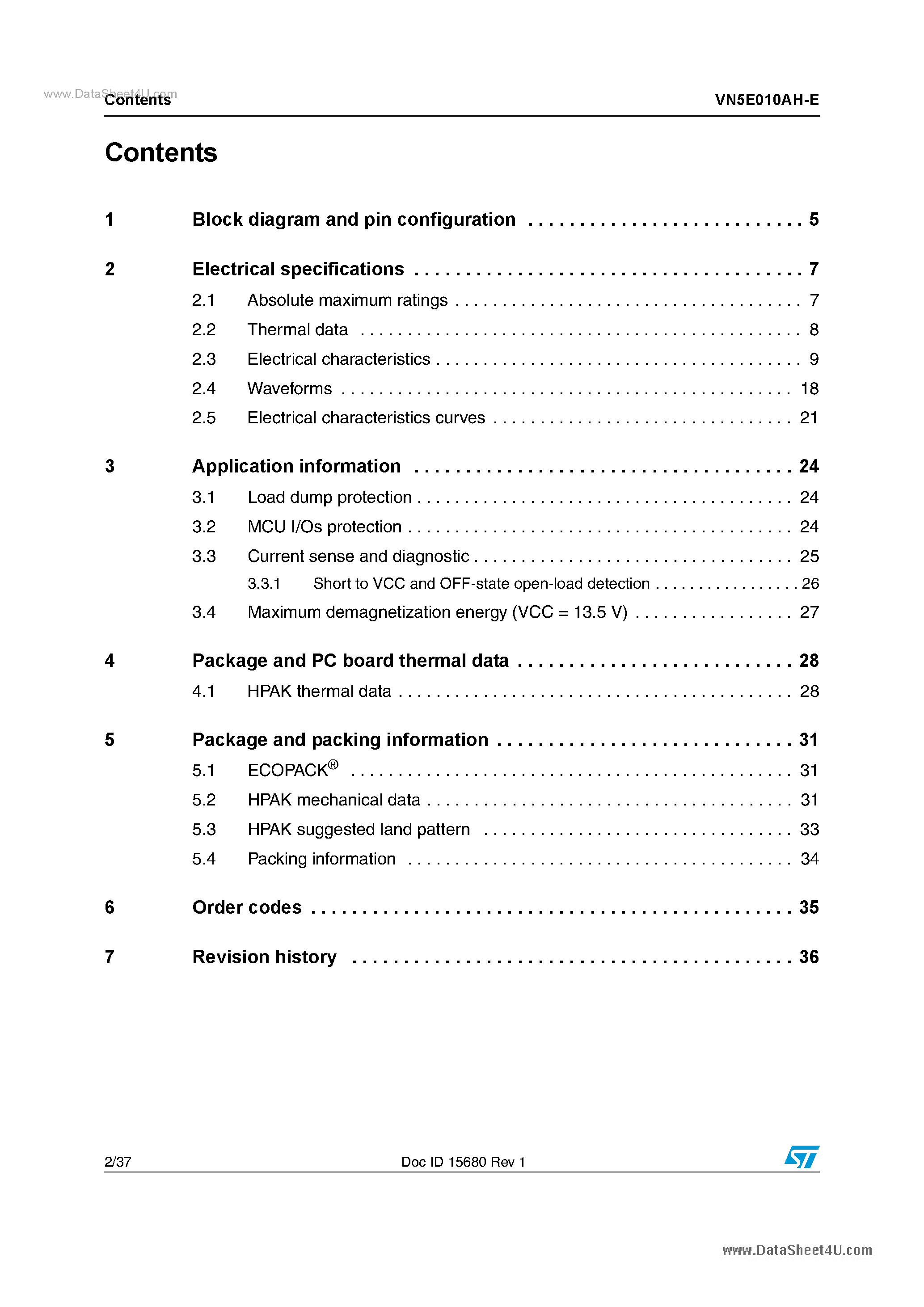 Datasheet VN5E010AH-E - high-side driver page 2