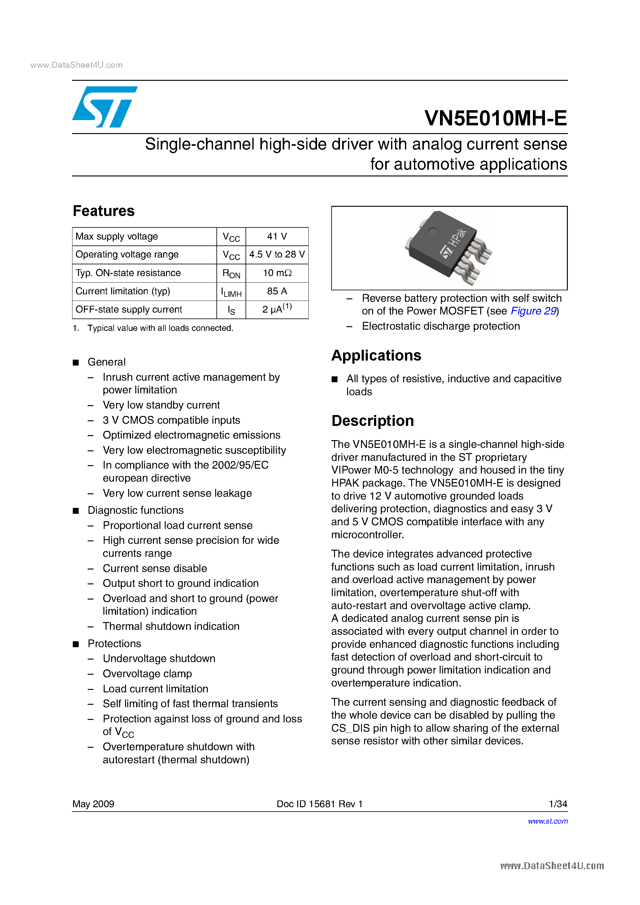 Datasheet VN5E010MH-E - Single-channel high-side driver page 1