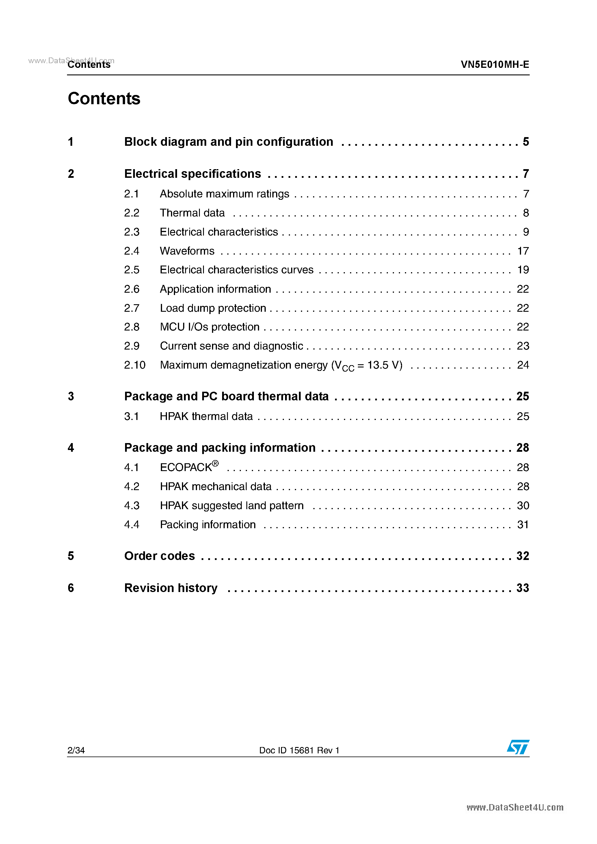 Datasheet VN5E010MH-E - Single-channel high-side driver page 2