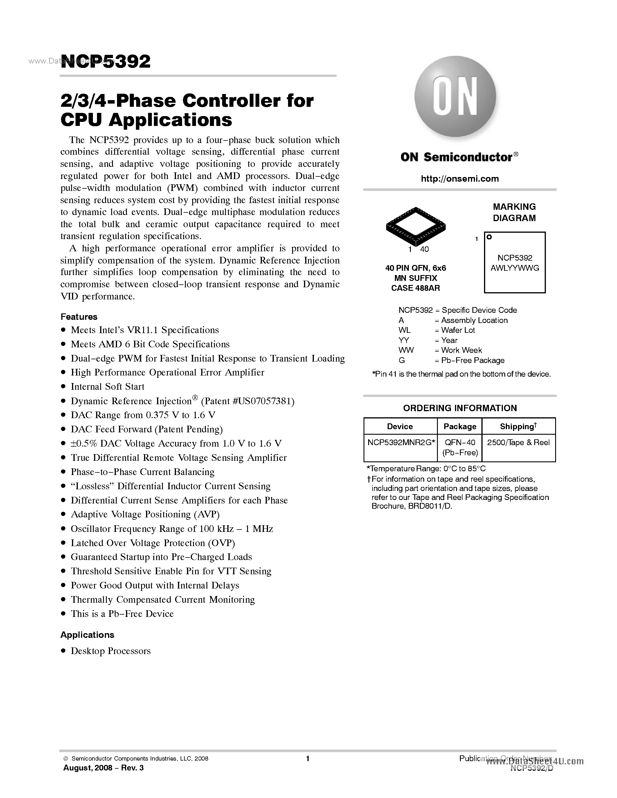 Даташит NCP5392 - 2/3/4-Phase Controller страница 1