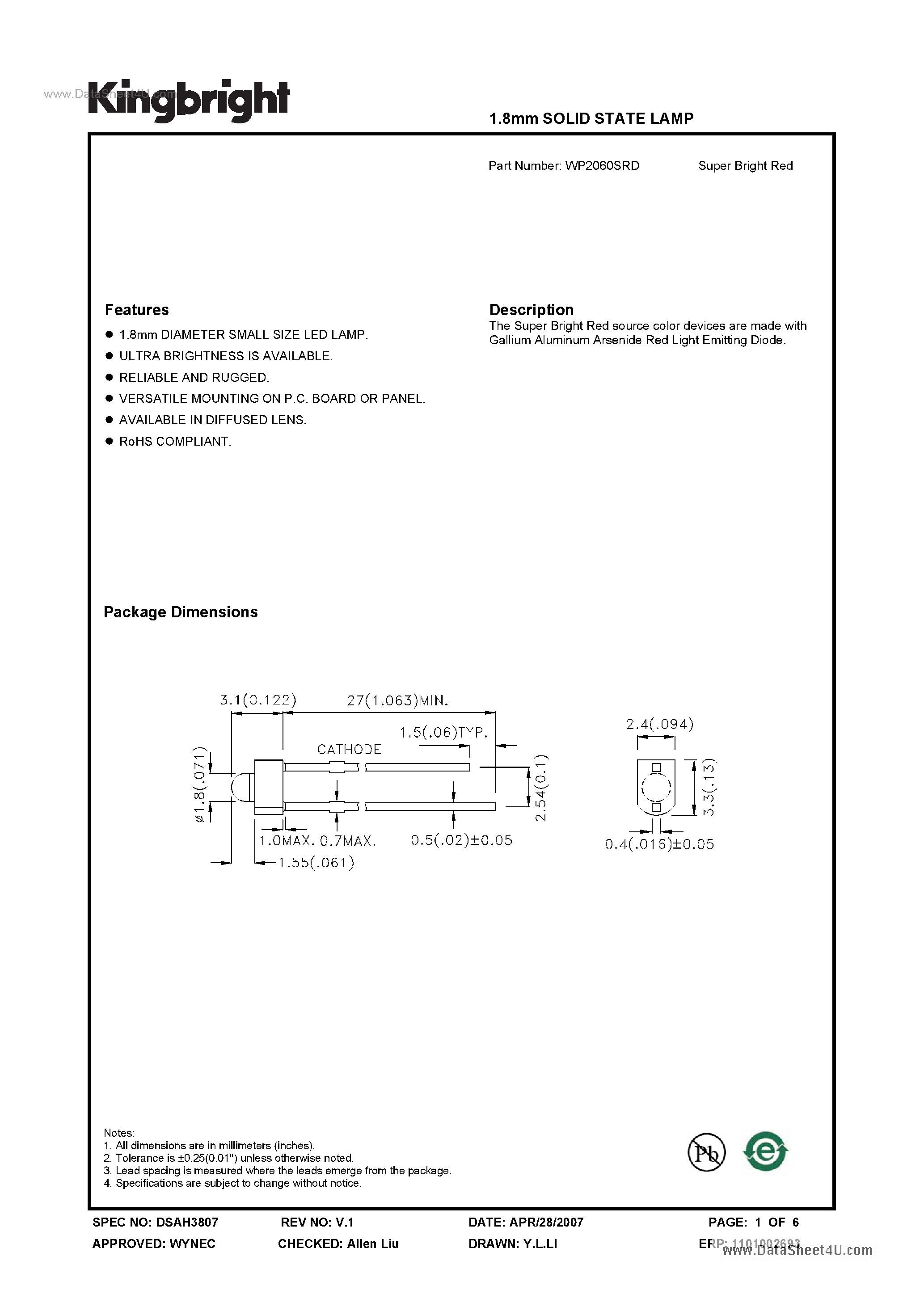 Datasheet WP2060SRD - SOLID STATE LAMP page 1
