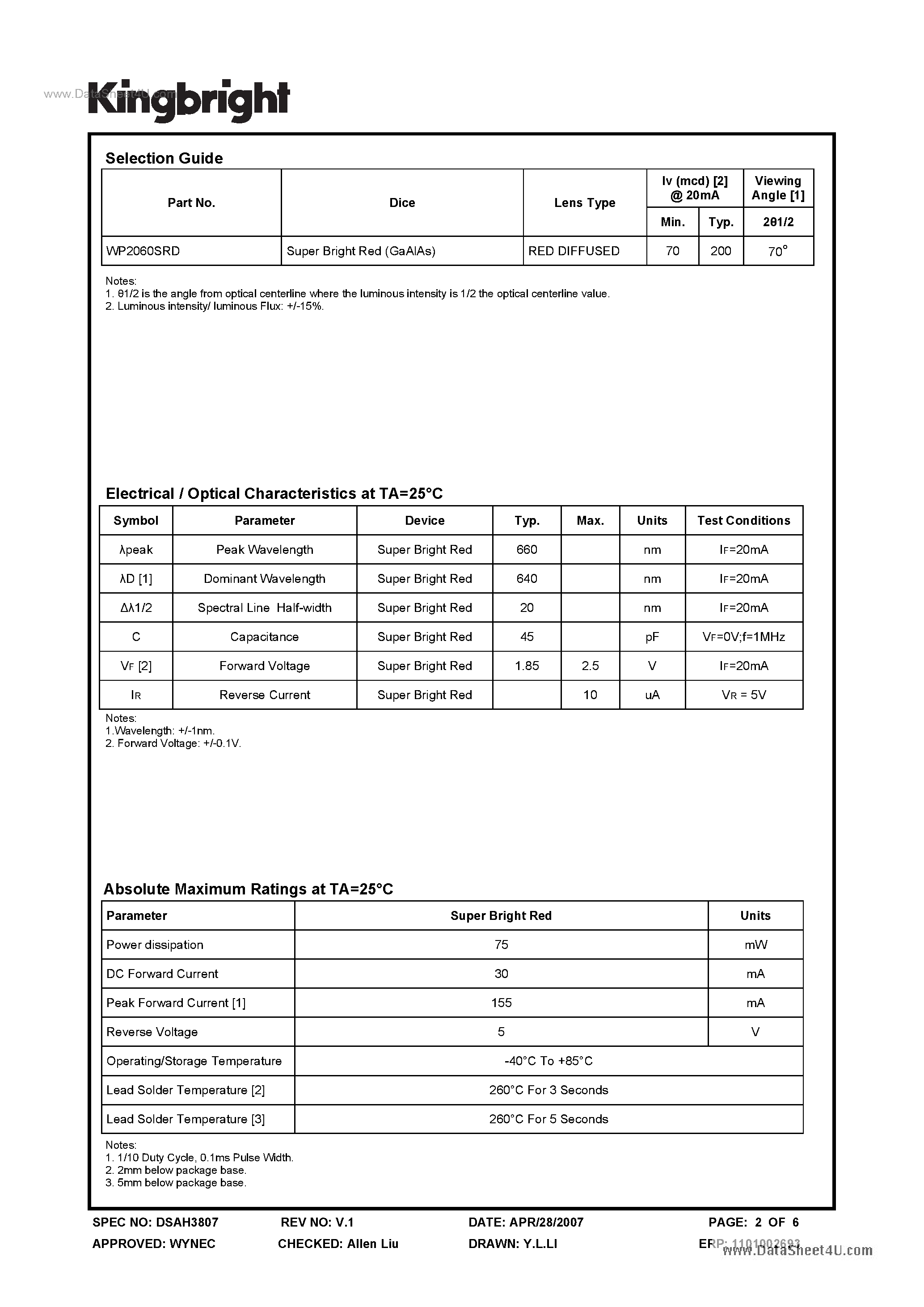 Datasheet WP2060SRD - SOLID STATE LAMP page 2