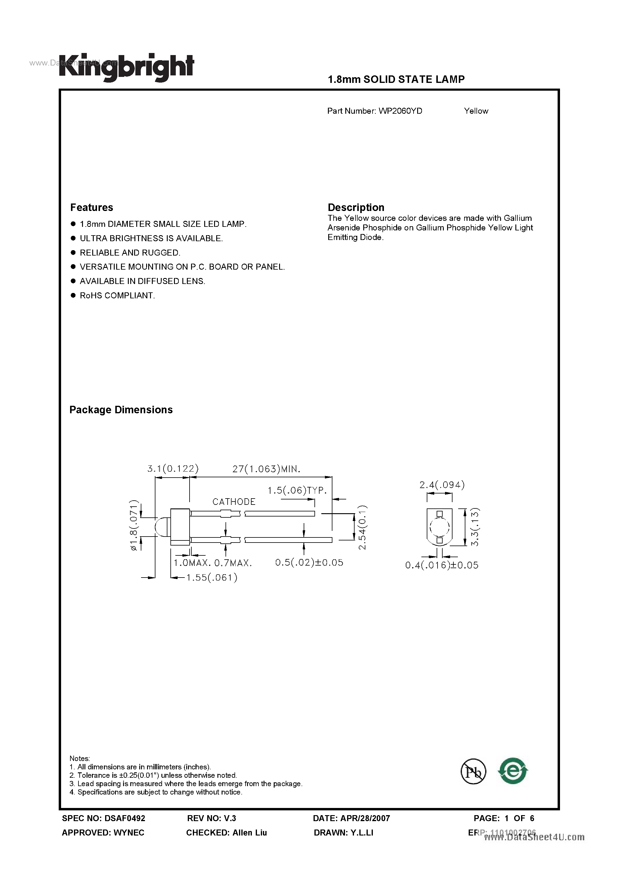 Datasheet WP2060YD - SOLID STATE LAMP page 1