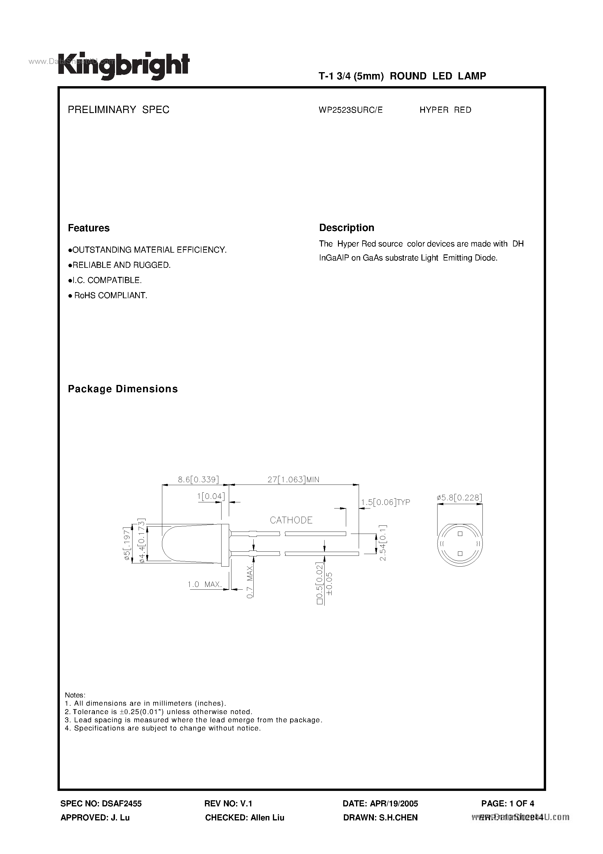 Datasheet WP2523SURC - SOLID STATE LAMP page 1
