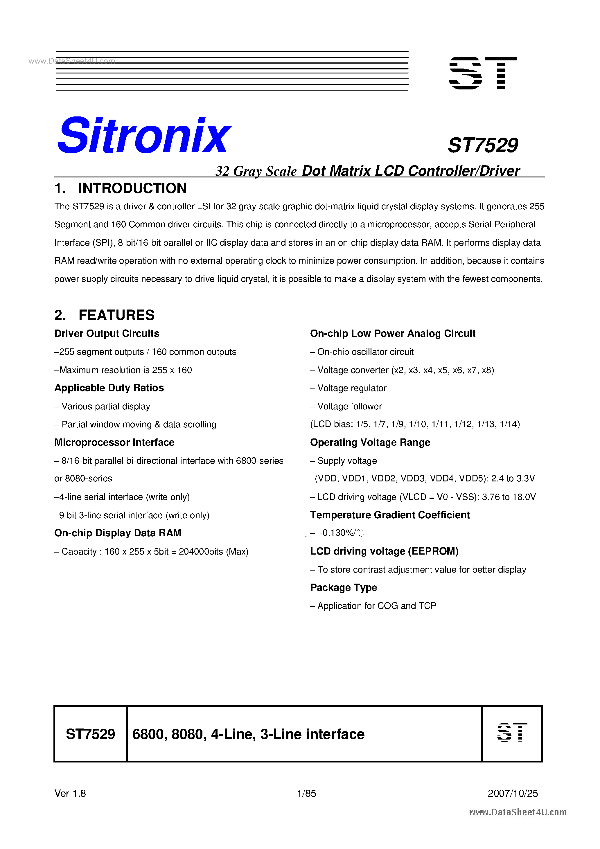 Даташит ST7529 - 32-Gray Scale Dot Matrix LCD Controller / Driver страница 1