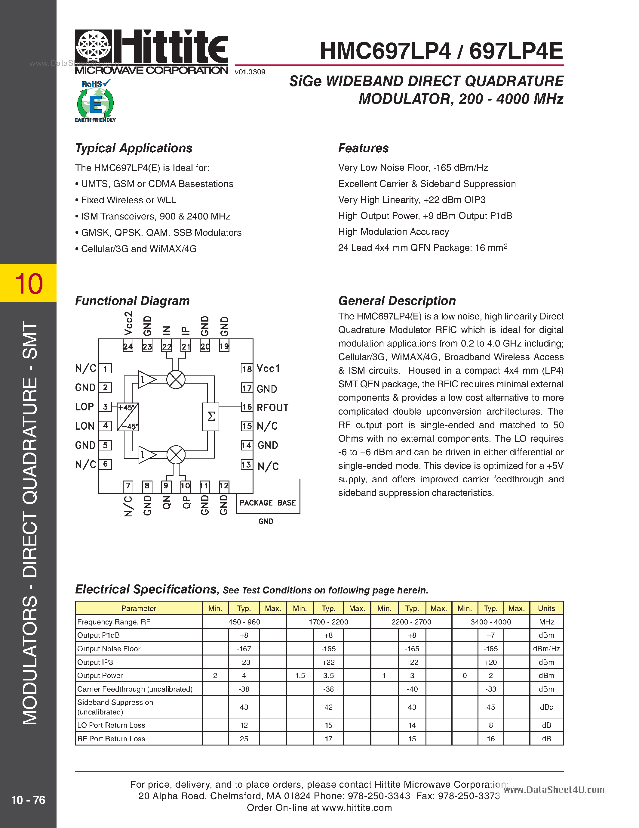 Datasheet HMC697LP4 - SMT Direct I/Q Modulator page 1