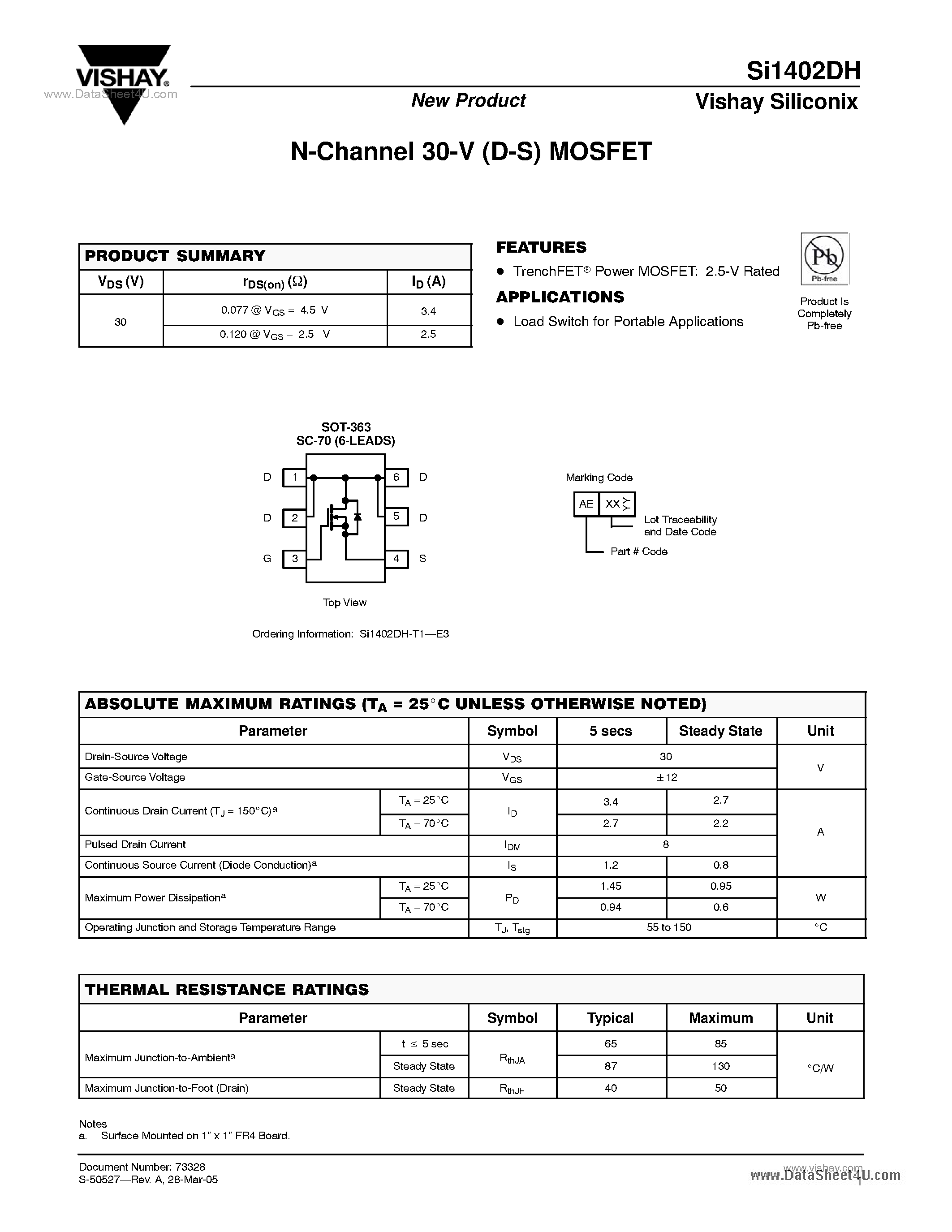 Datasheet SI1402DH - N-Channel 30-V (D-S) MOSFET page 1