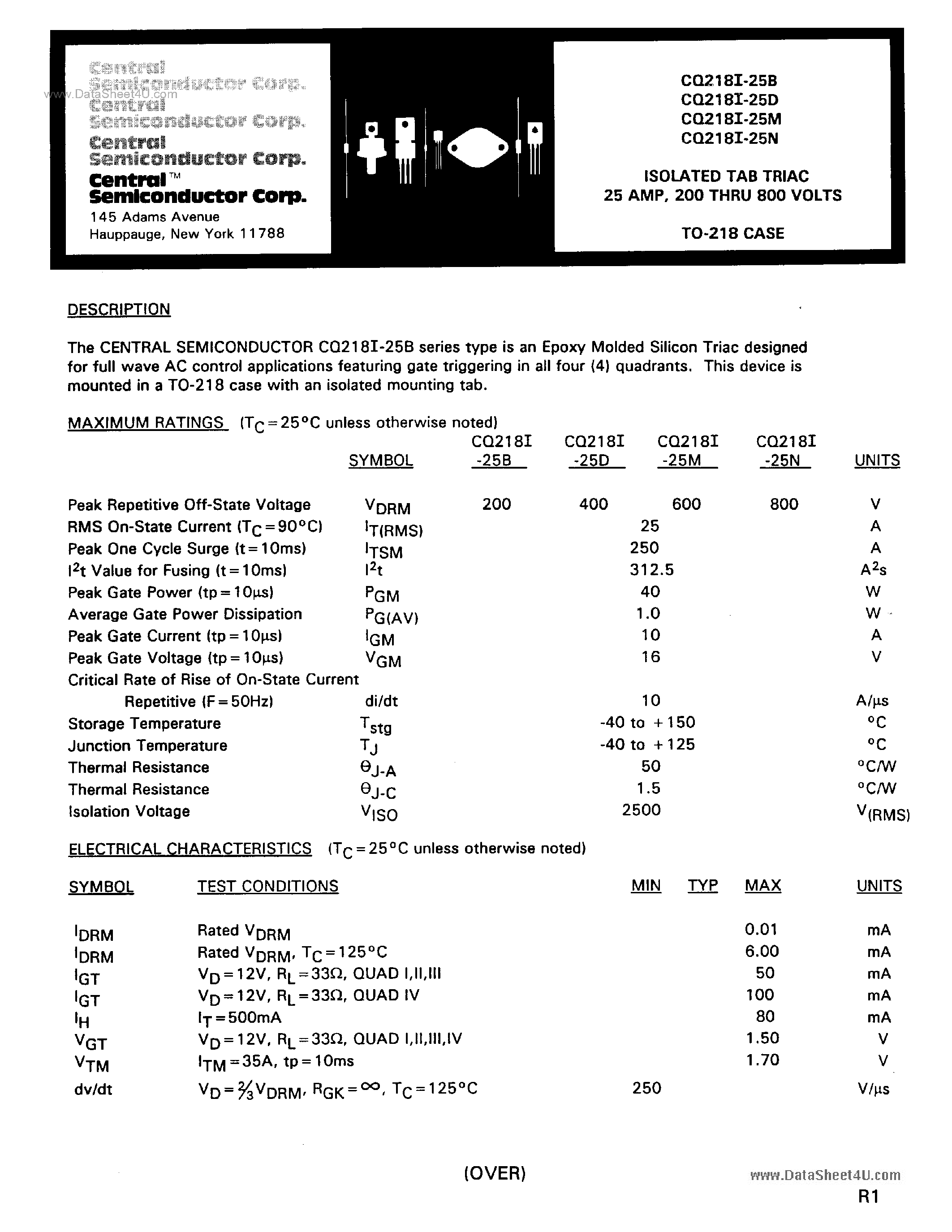 Даташит CQ218I-25 - ISOLATED TAB TRIAC страница 1
