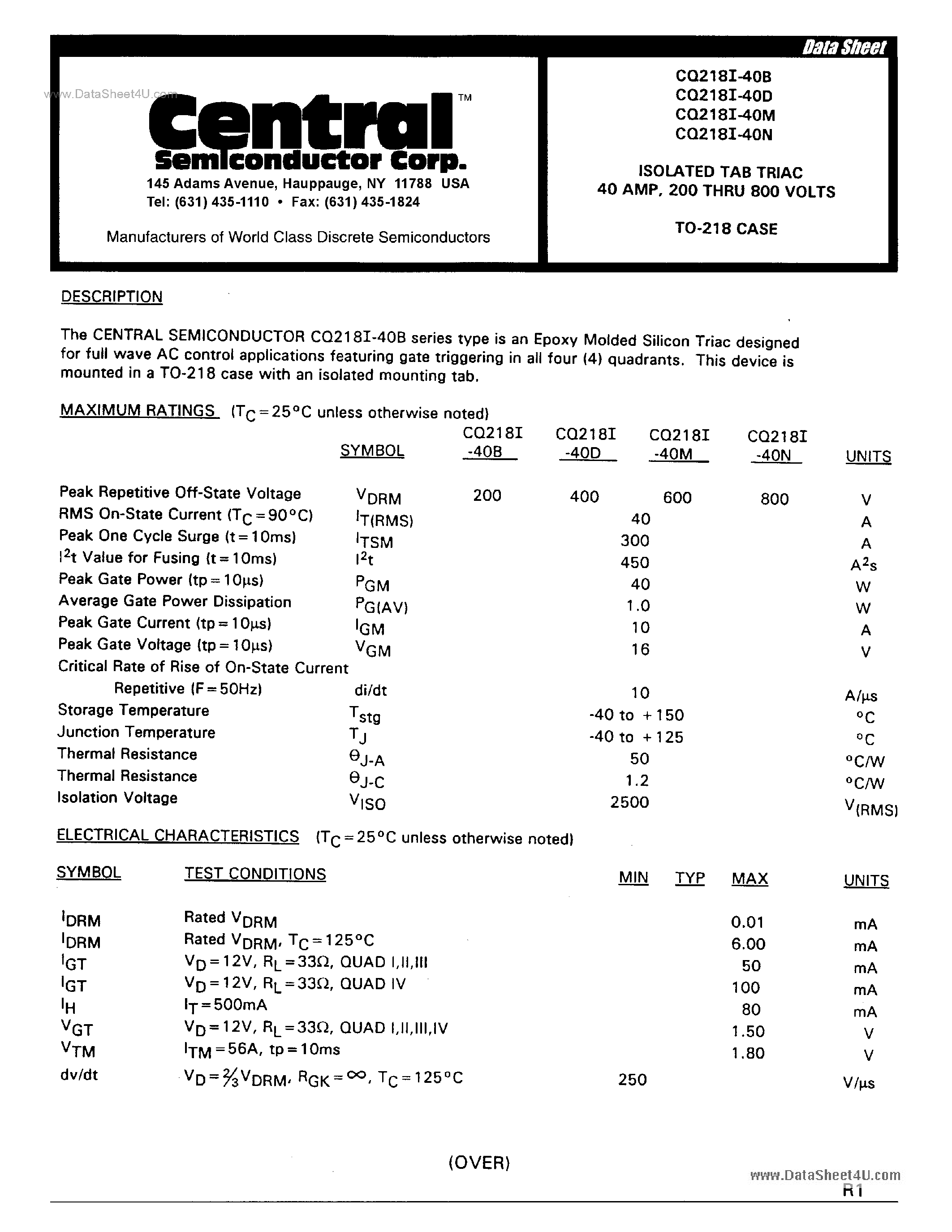 Даташит CQ218I-40 - ISOLATED TAB TRIAC страница 1