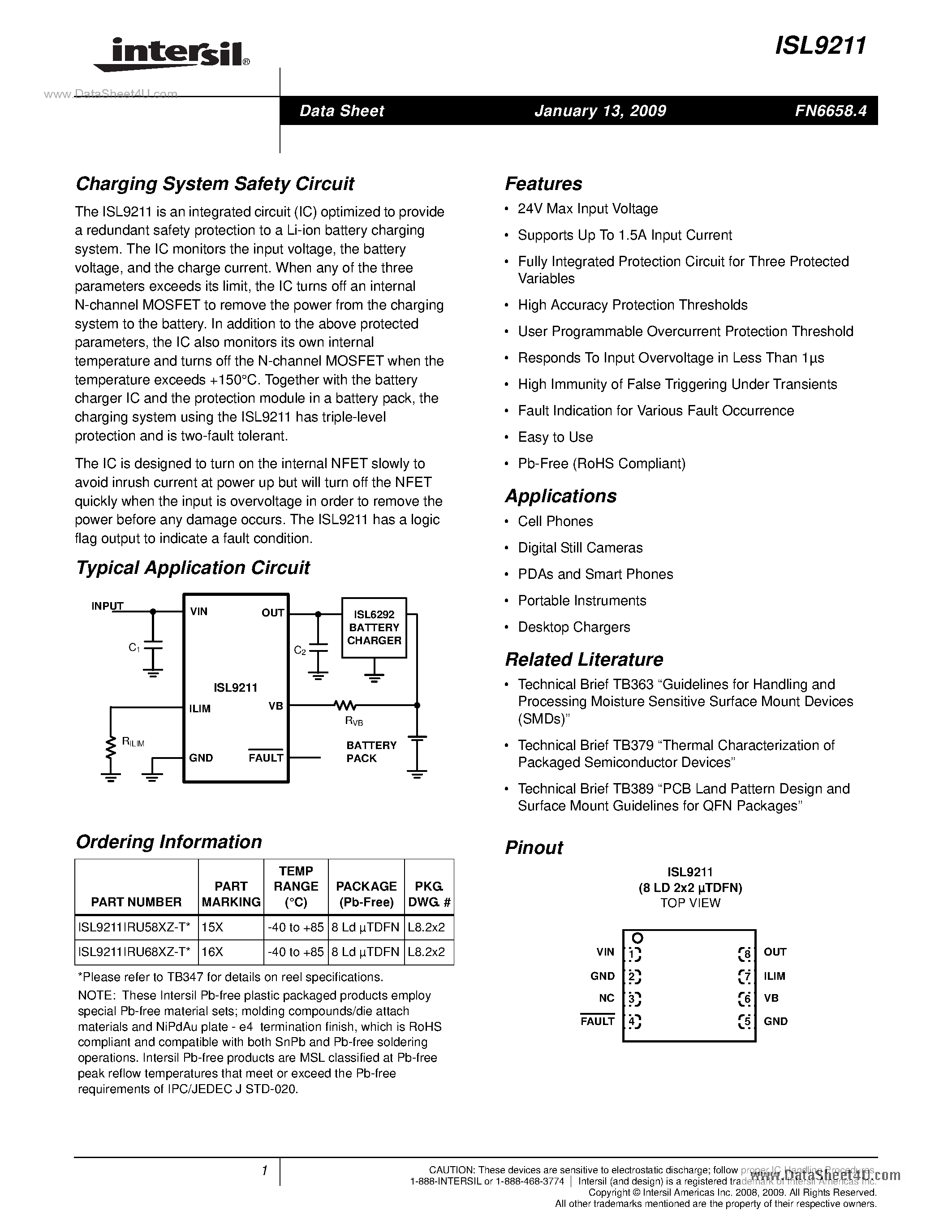 Datasheet ISL9211 - Charging System Safety Circuit page 1