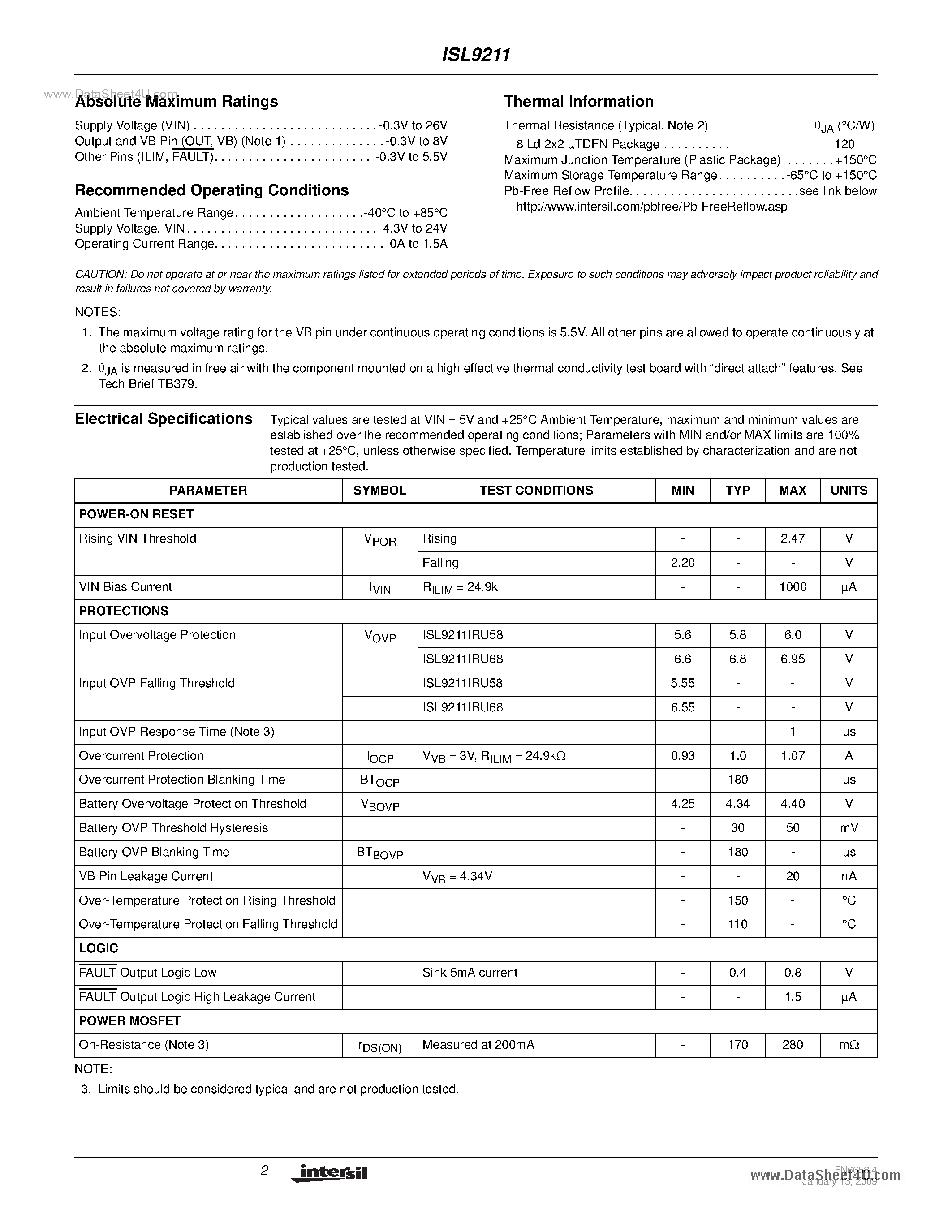 Datasheet ISL9211 - Charging System Safety Circuit page 2