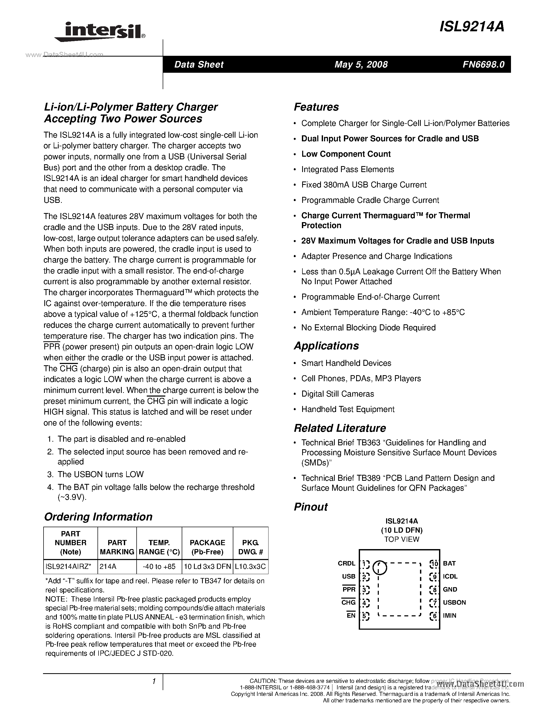 Datasheet ISL9214A - Li-ion/Li-Polymer Battery Charger Accepting Two Power Sources page 1