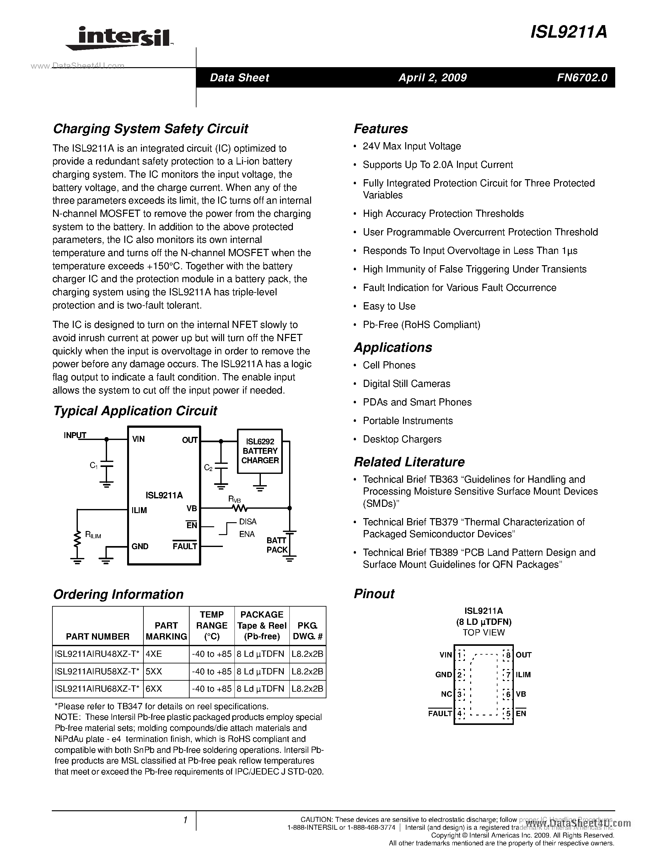 Datasheet ISL9211A - Charging System Safety Circuit page 1