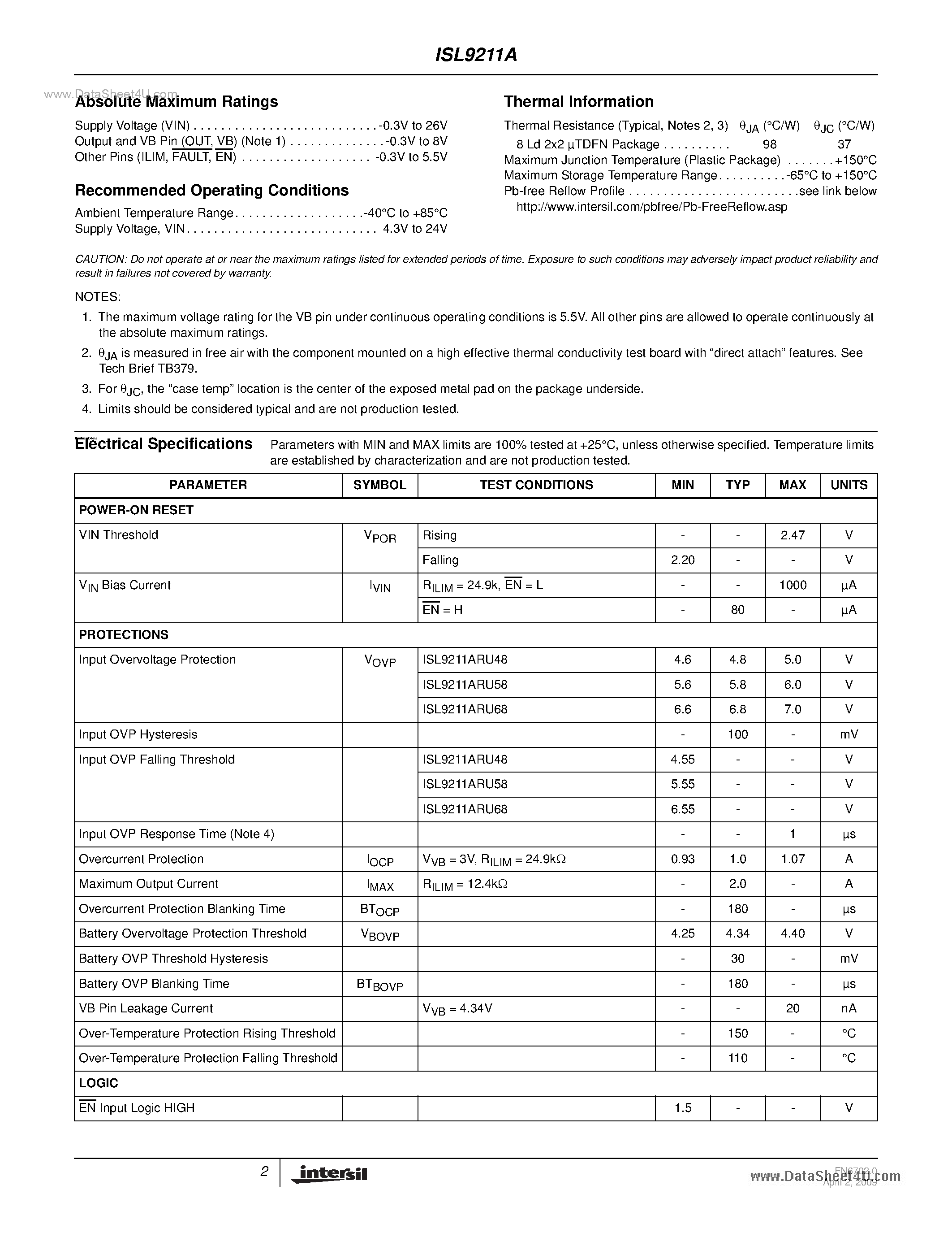 Datasheet ISL9211A - Charging System Safety Circuit page 2