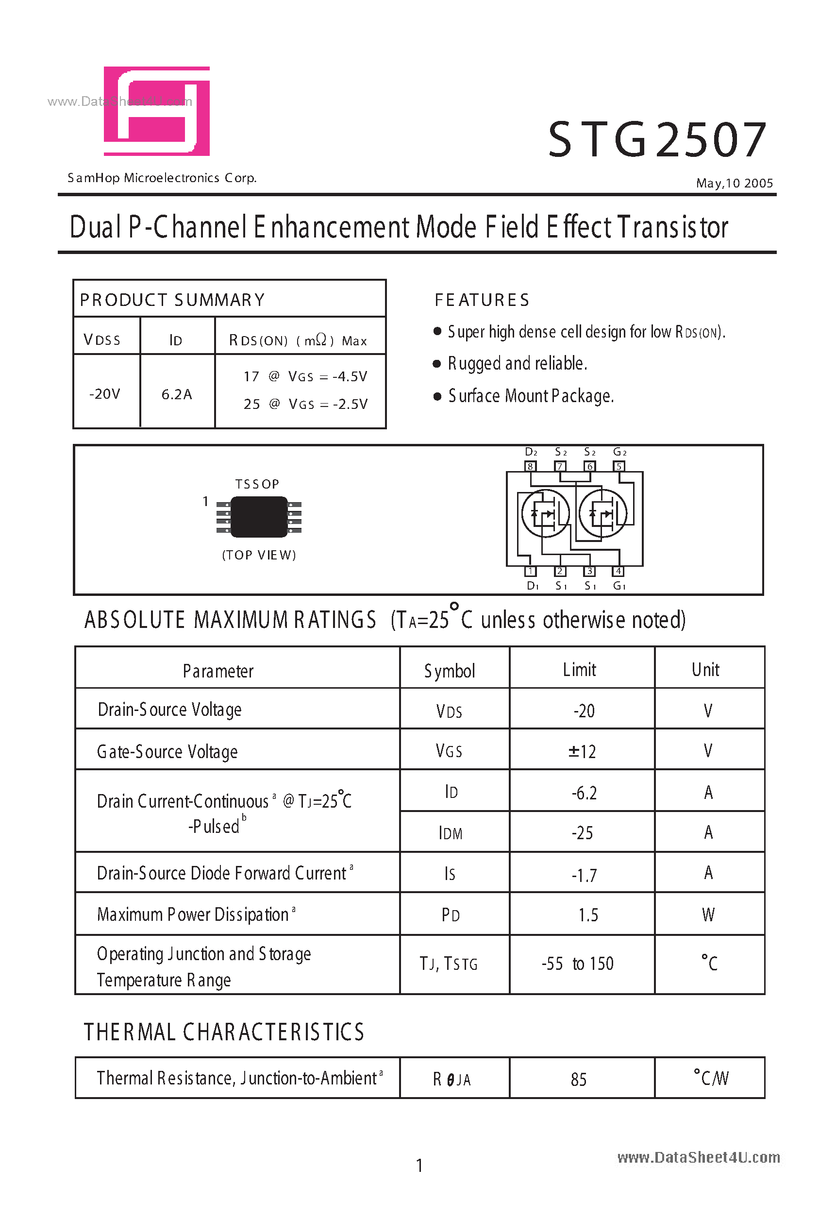 Даташит STG2507 - Dual P-Channel E nhancement Mode Field Effect Transistor страница 1