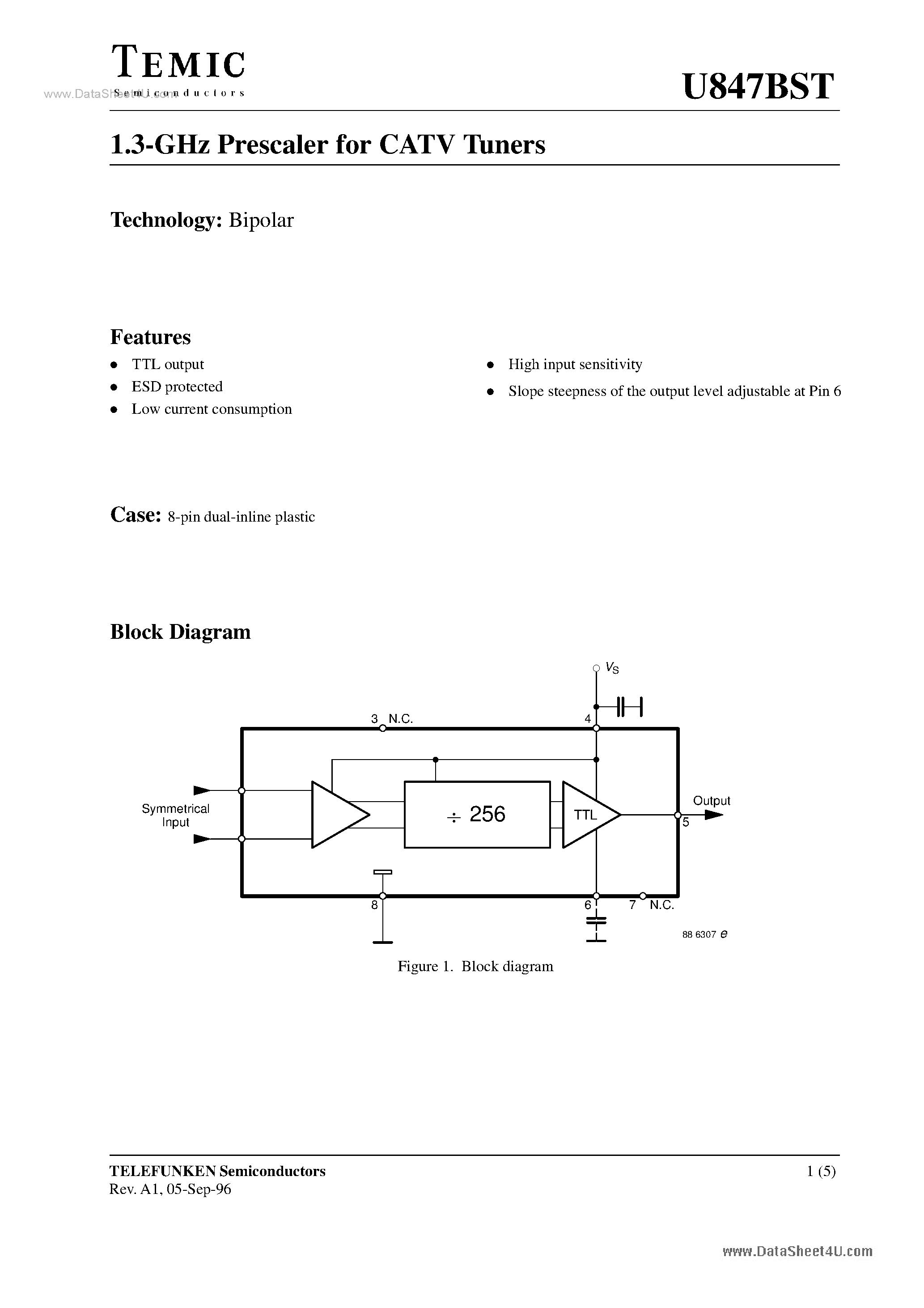 Даташит U847BST - 1.3-GHz Prescaler страница 1