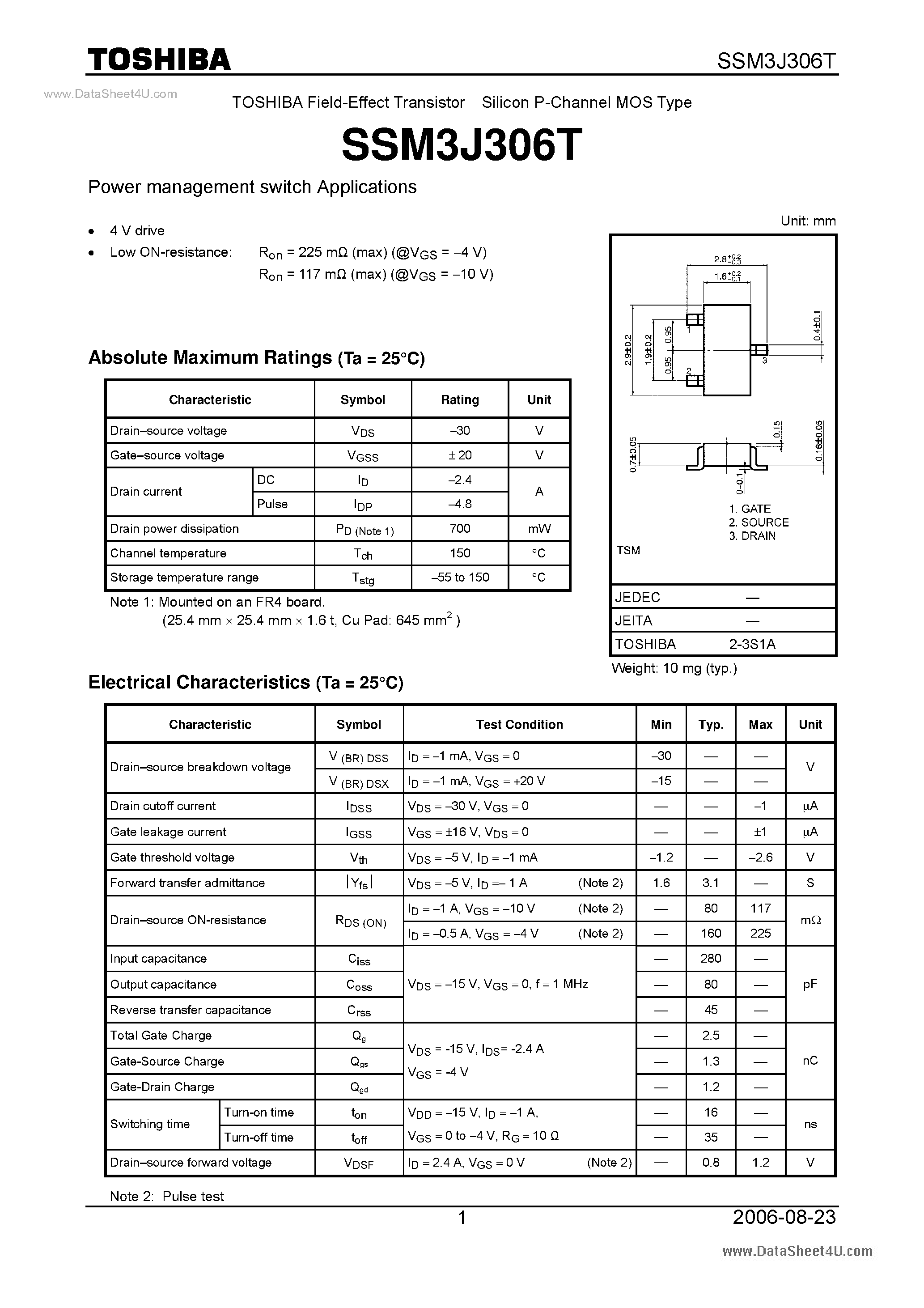 Даташит SSM3J306T - Field-Effect Transistor Silicon P-Channel MOS Type страница 1