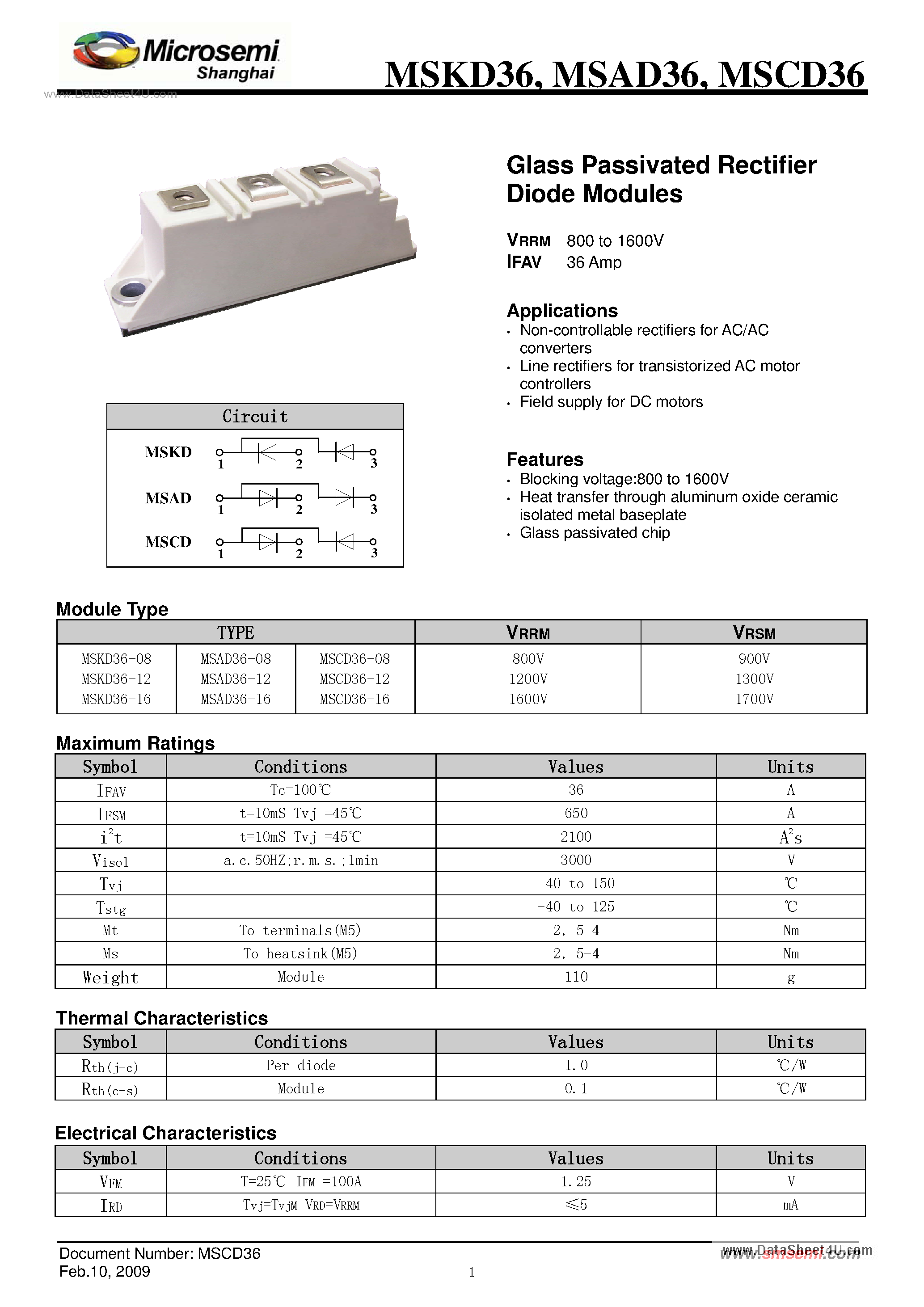 Datasheet MSAD36 - Glass Passivated Rectifier page 1