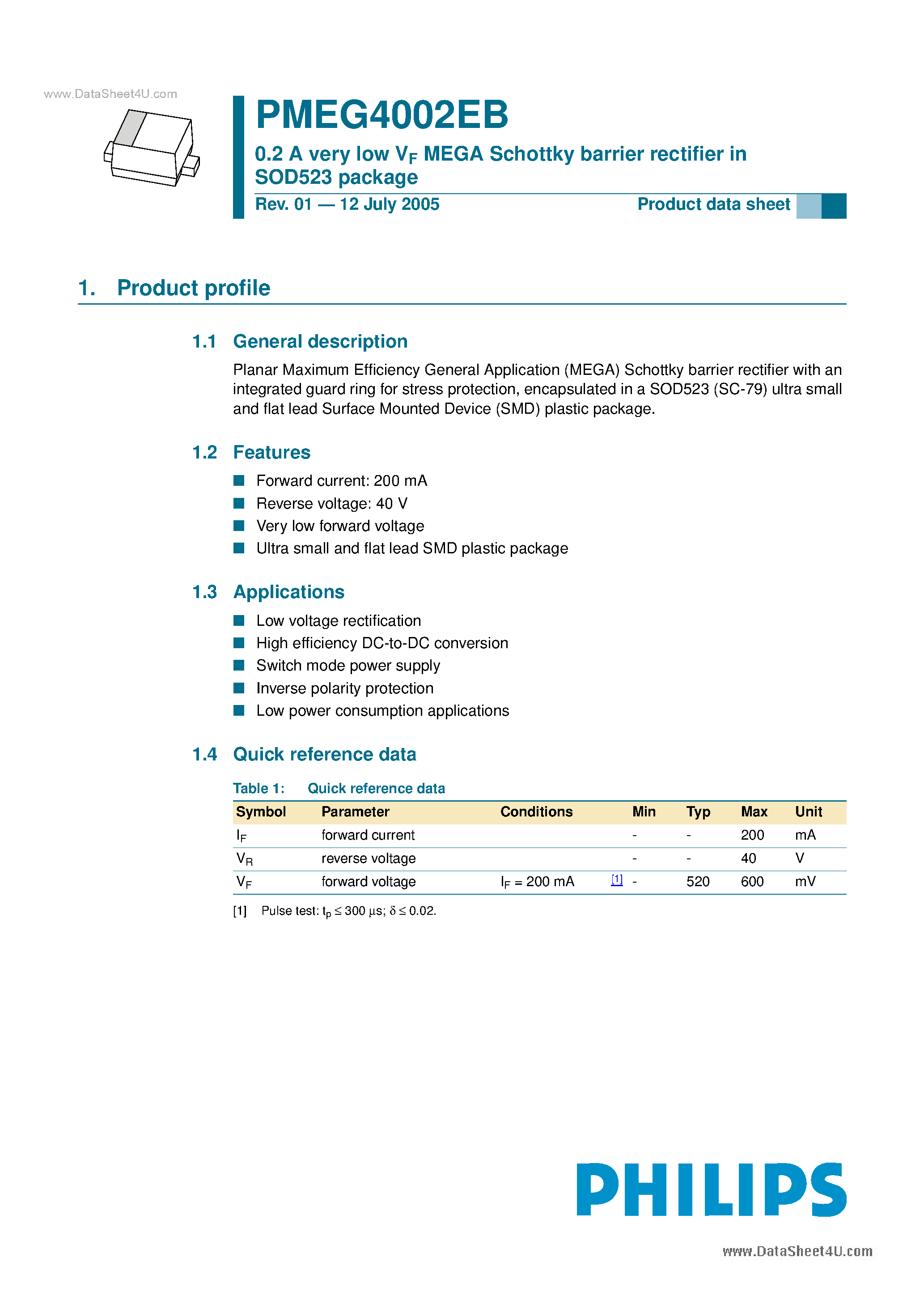 Даташит PMEG4002EB - 0.2 A very low Vf MEGA Schottky barrier rectifier страница 1