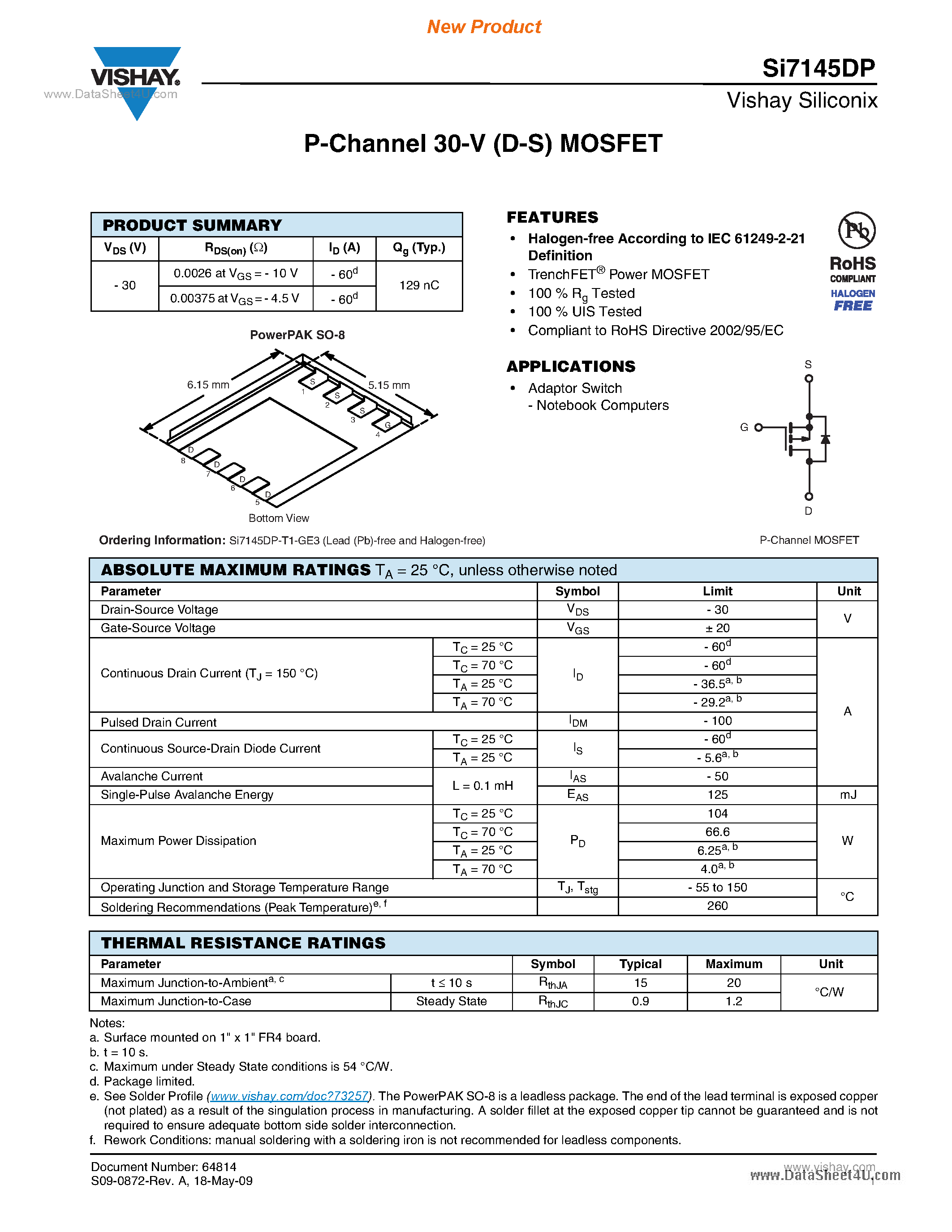 Даташит Si7145DP - P-Channel 30-V (D-S) MOSFET страница 1