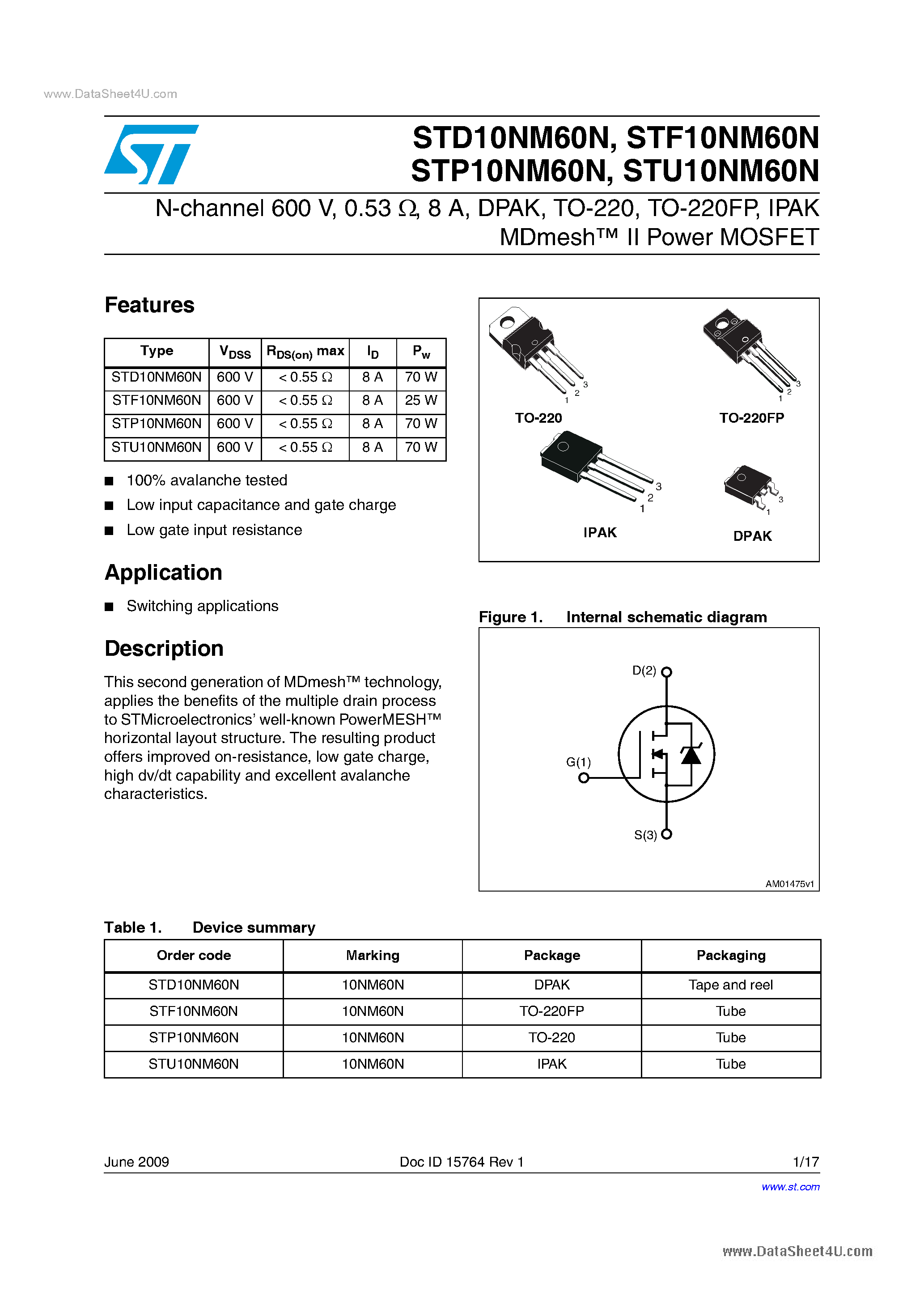 Datasheet STU10NM60N - Power MOSFETs page 1