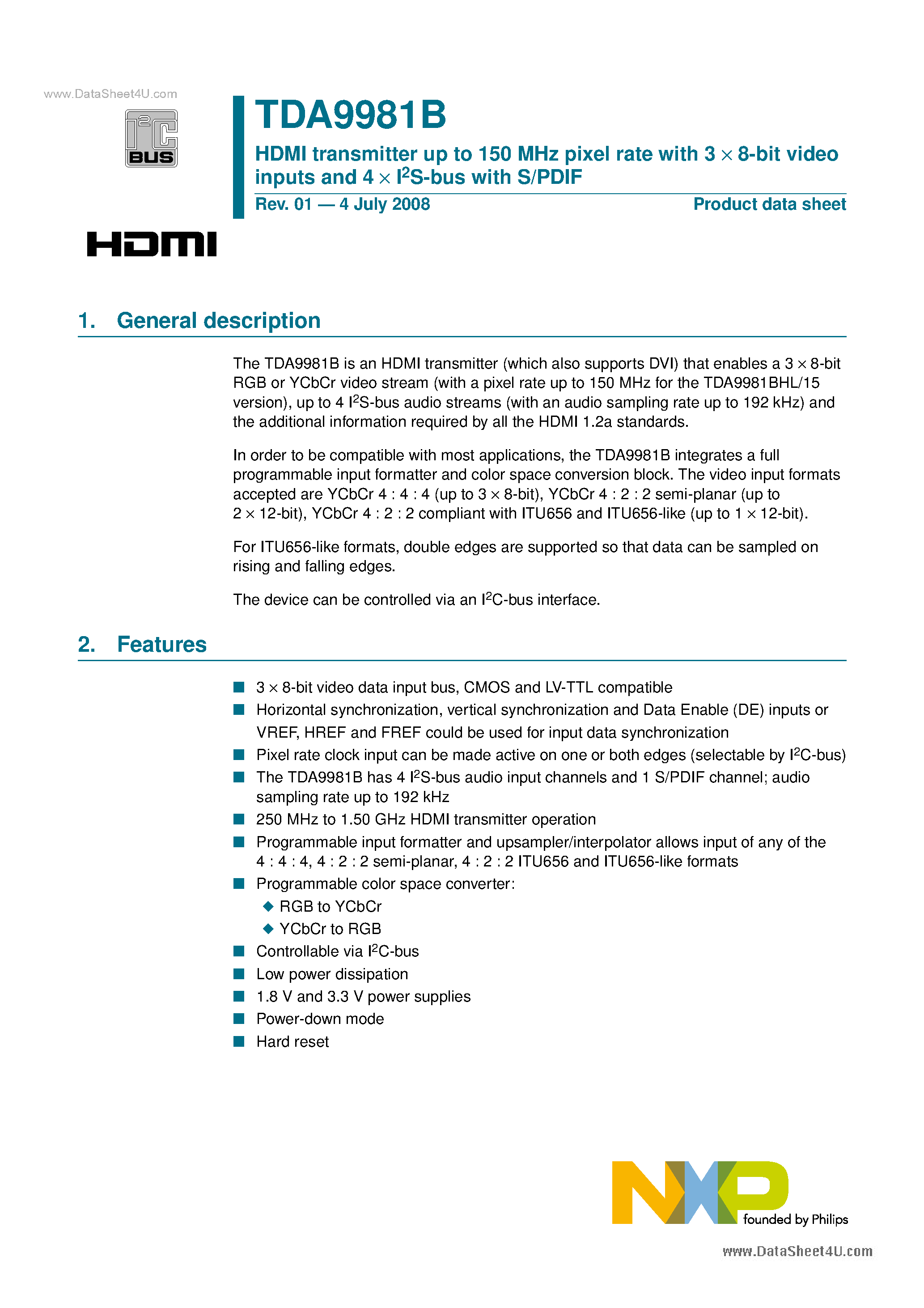 Даташит TDA9981B - HDMI transmitter up to 150 MHz pixel rate страница 1