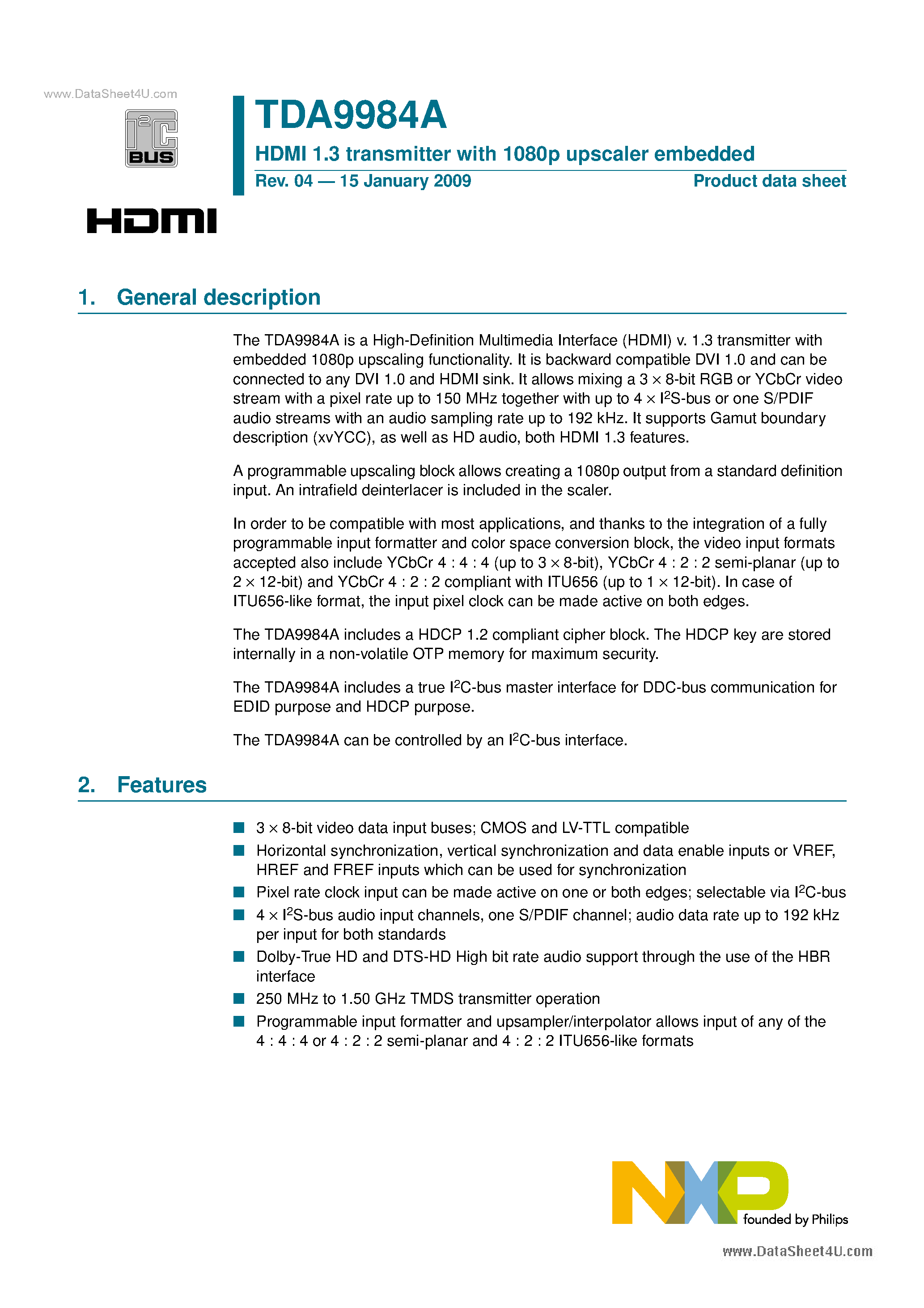 Даташит TDA9984A - HDMI 1.3 transmitter страница 1