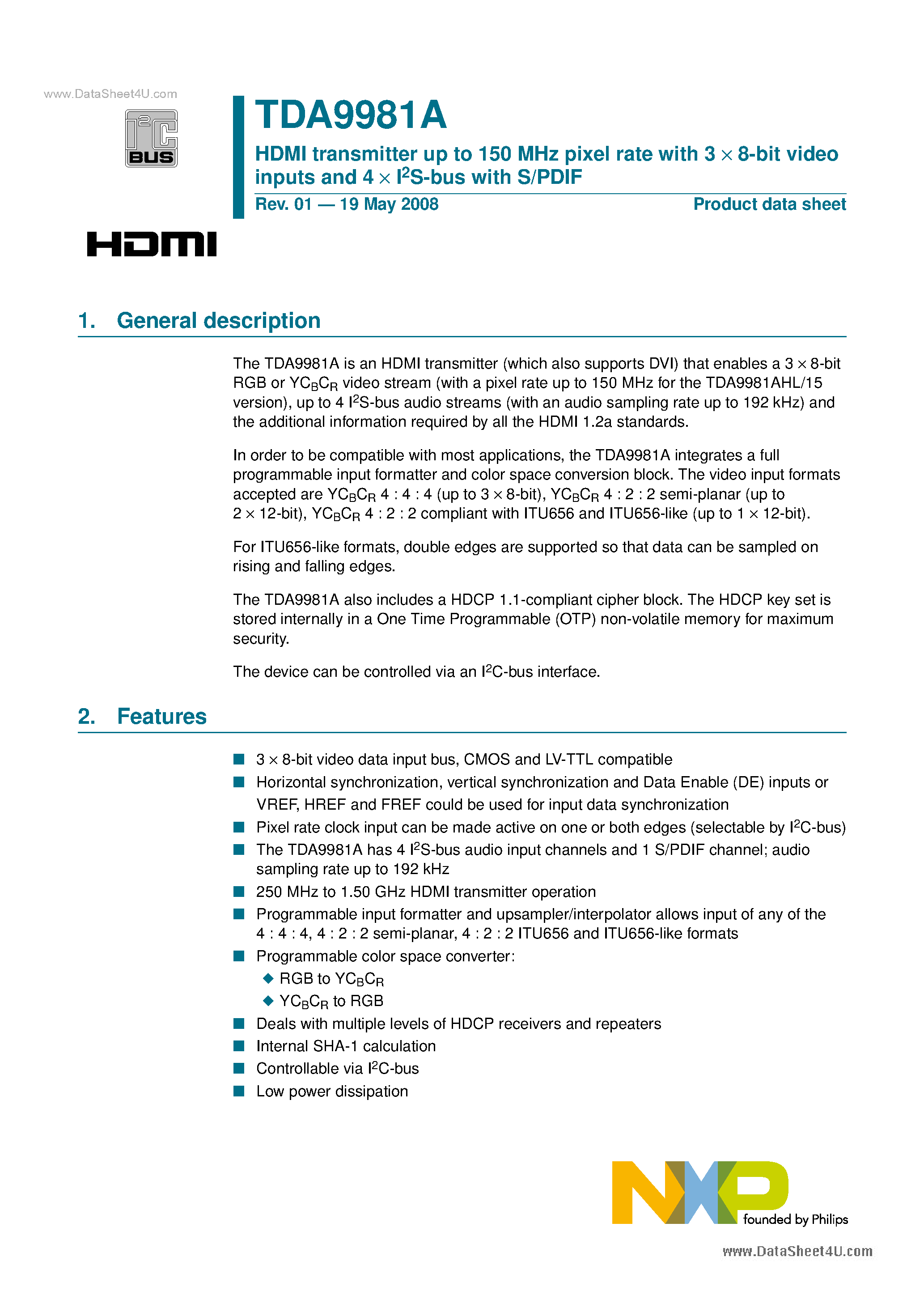 Даташит TDA9981A - HDMI Transmitter Up To 150 MHz Pixel Rate страница 1