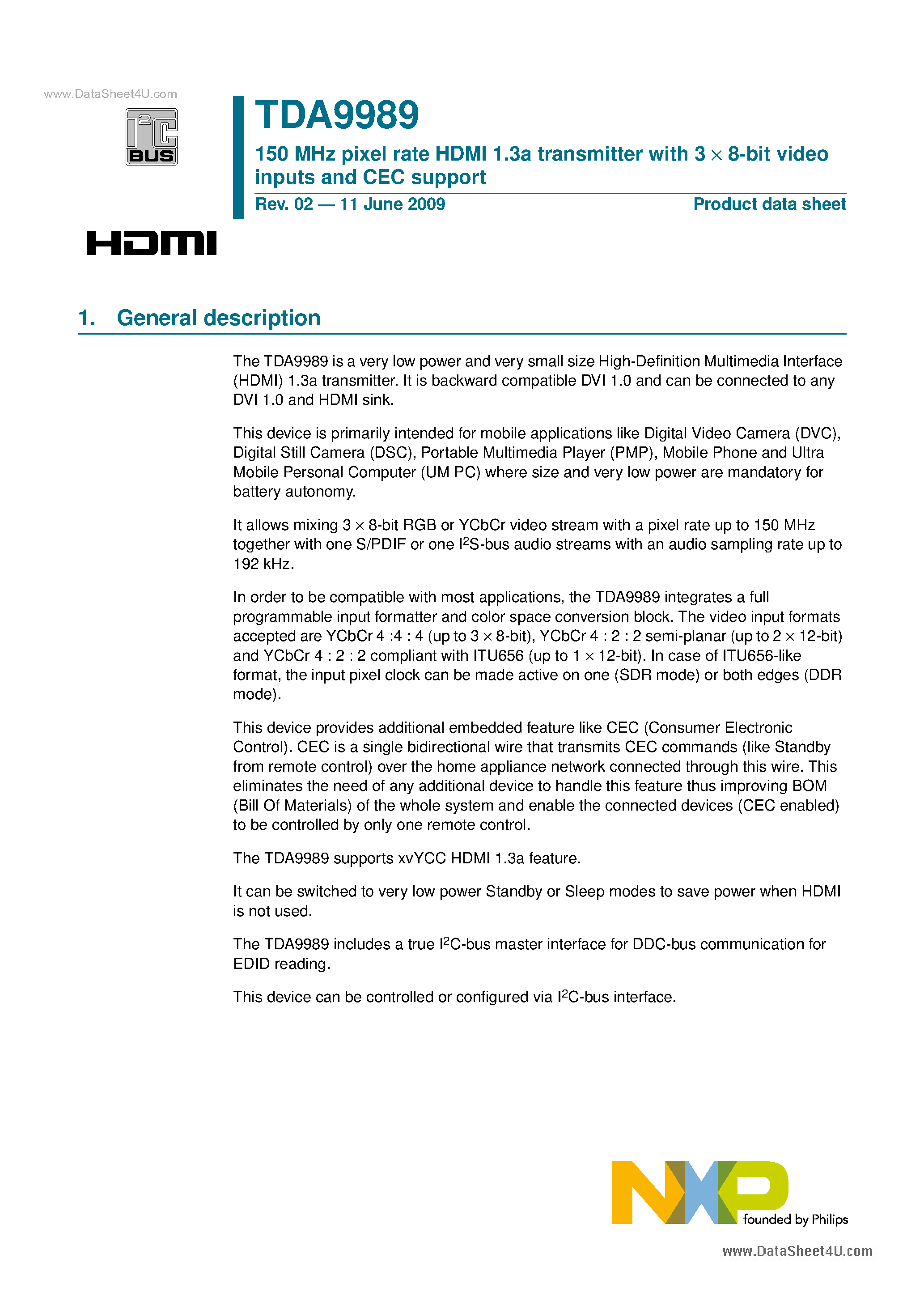 Даташит TDA9989 - 150 MHz Pixel Rate HDMI 1.3a Transmitter страница 1