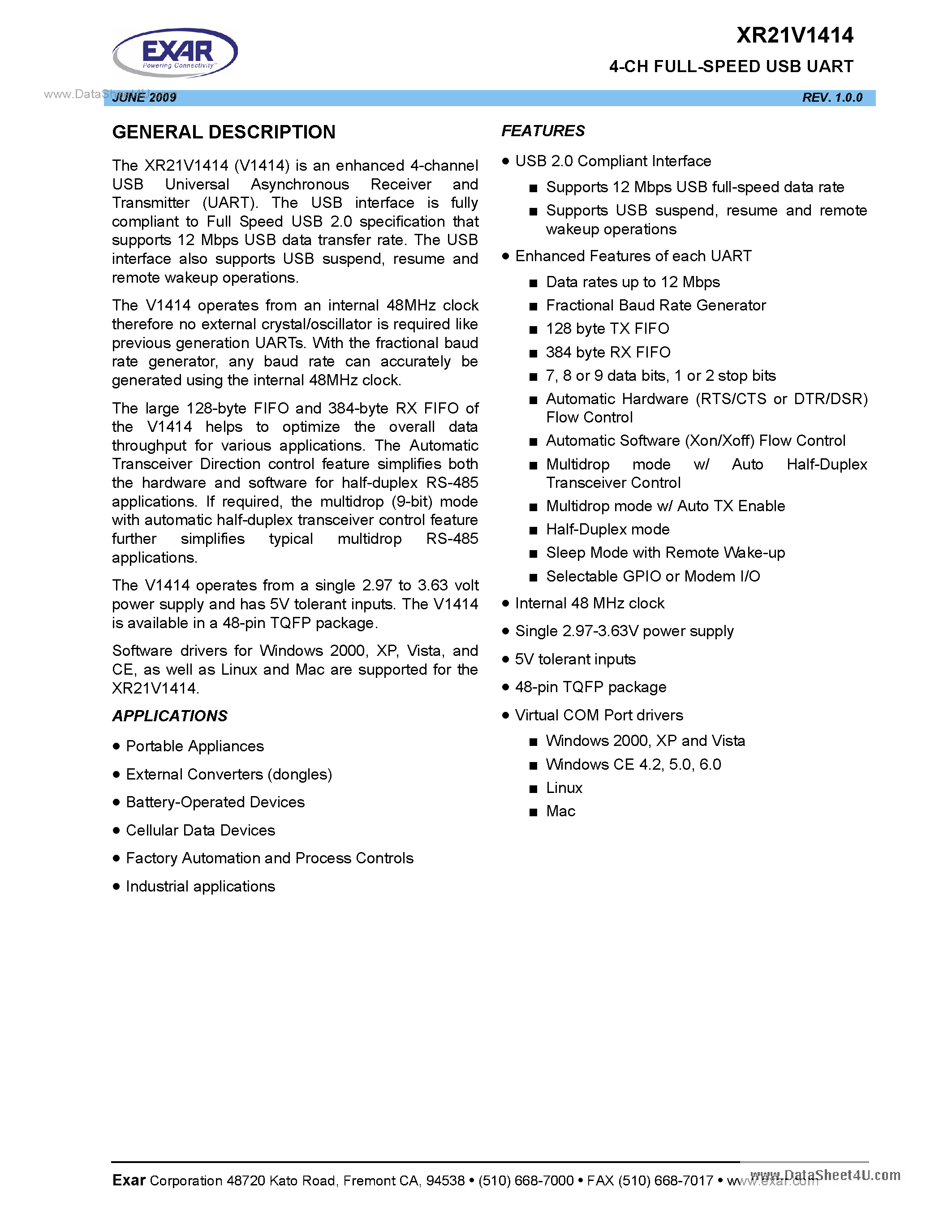 Datasheet XR21V1414 - 4-Ch Full-Speed USB UART page 1